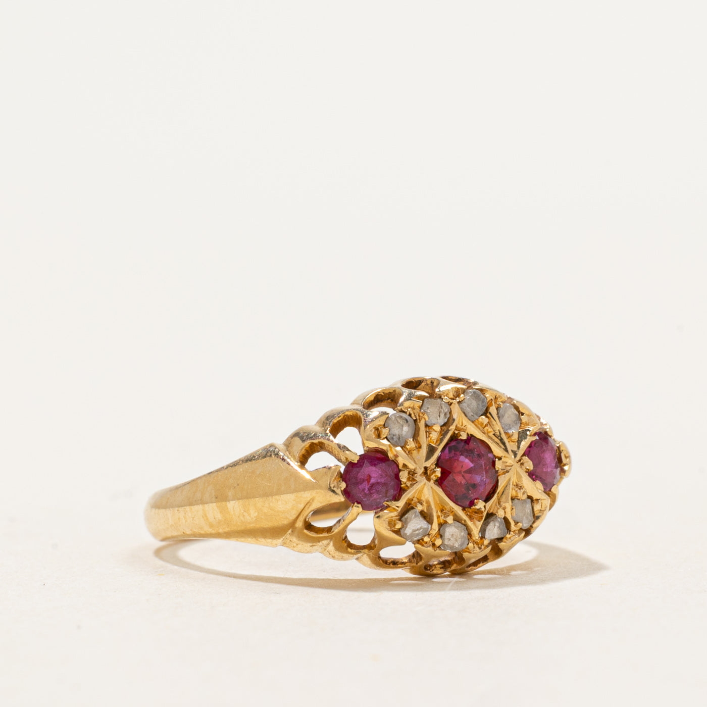1906 Chester Ruby & Rose Cut Diamond Raised Gallery Boat Ring | 0.35ctw, 0.08ctw | SZ 4.75