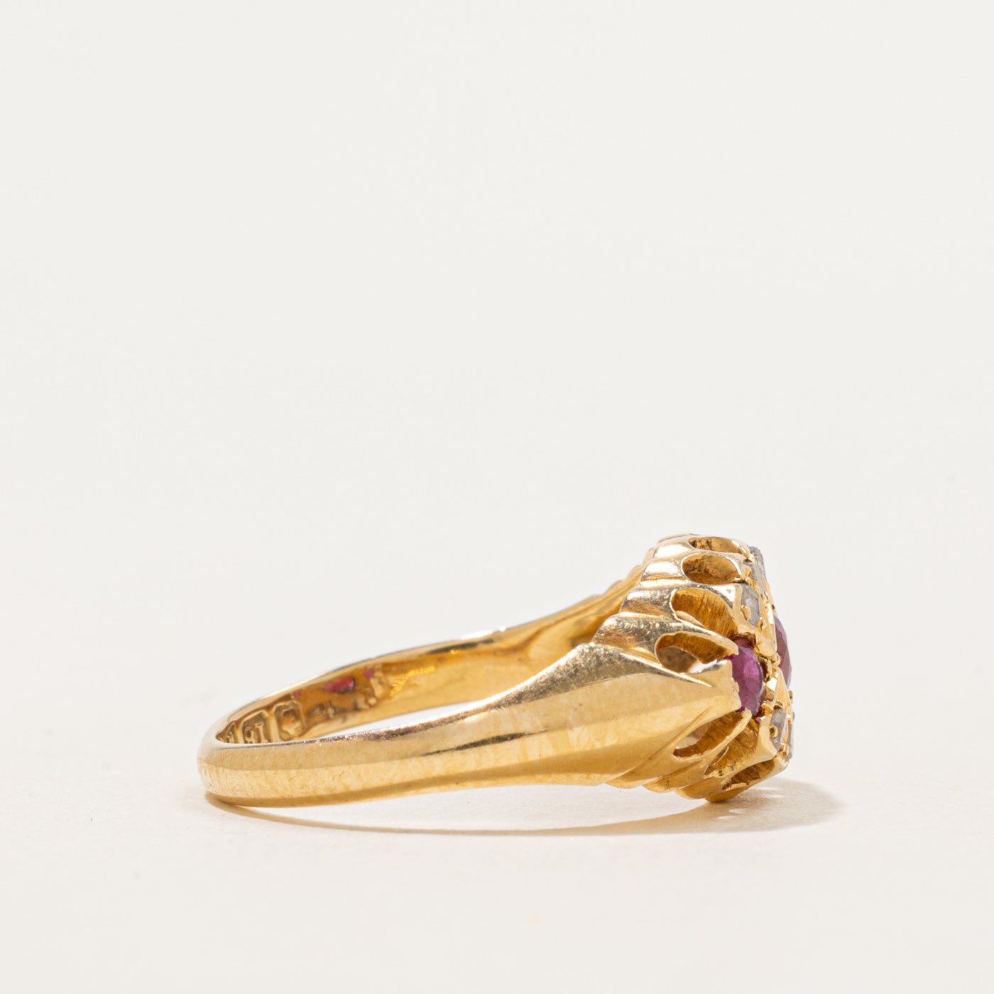 1906 Chester Ruby & Rose Cut Diamond Raised Gallery Boat Ring | 0.35ctw, 0.08ctw | SZ 4.75