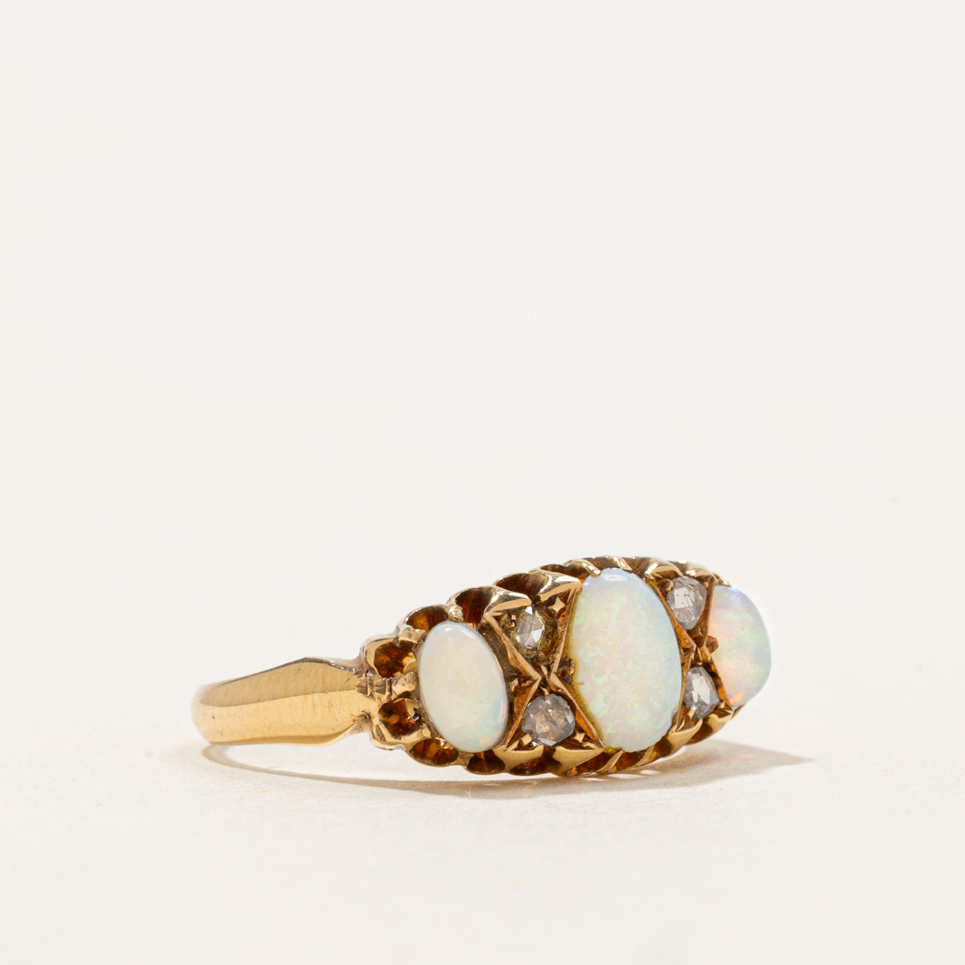 1904 Birmingham Three-Stone Opal & Rose Cut Diamond Ring | 0.75ctw, 0.14ctw | SZ 6.75