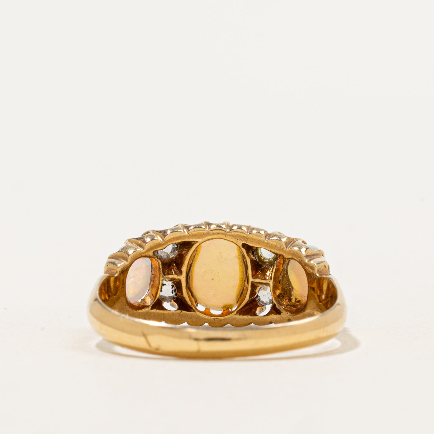 1904 Birmingham Three-Stone Opal & Rose Cut Diamond Ring | 0.75ctw, 0.14ctw | SZ 6.75
