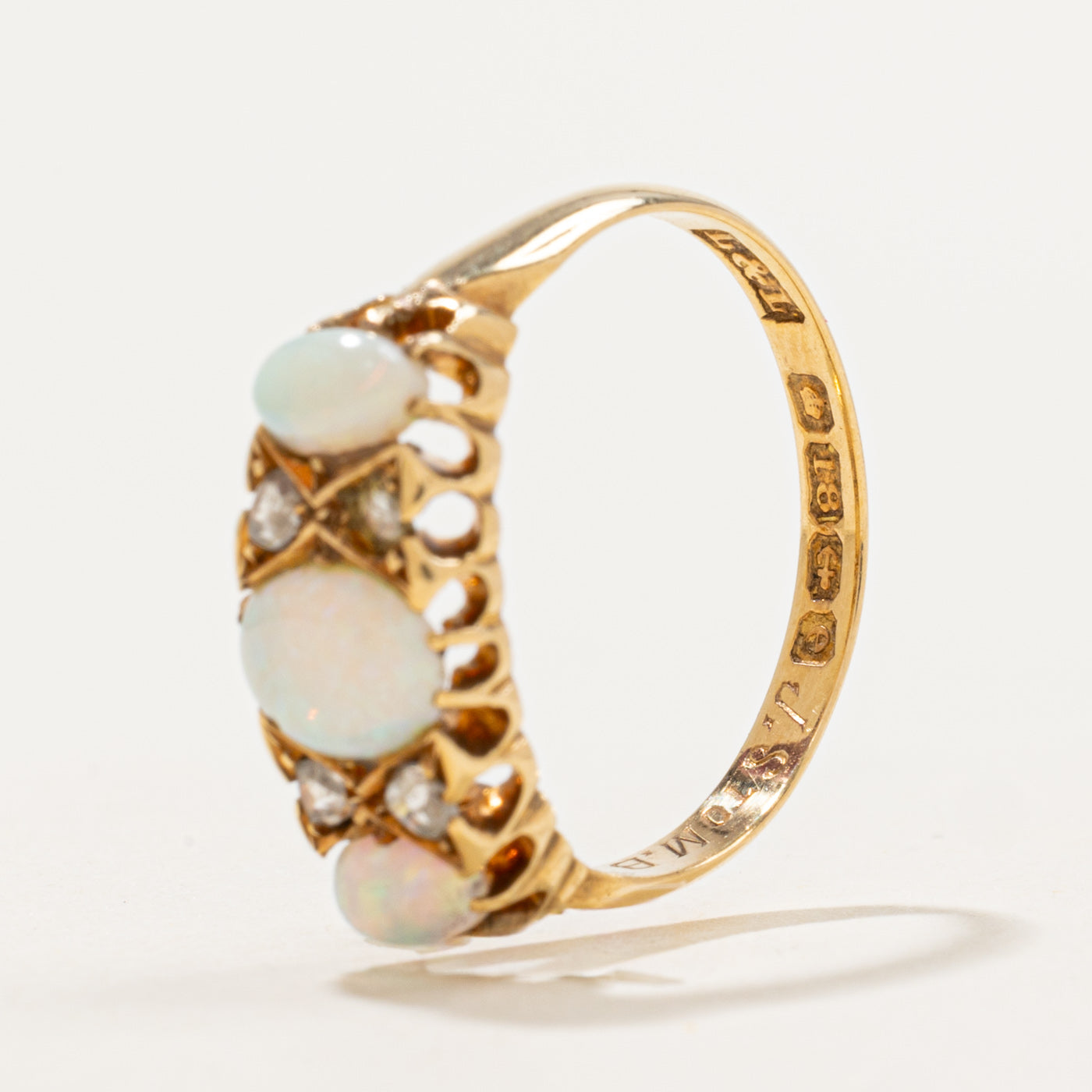 1904 Birmingham Three-Stone Opal & Rose Cut Diamond Ring | 0.75ctw, 0.14ctw | SZ 6.75