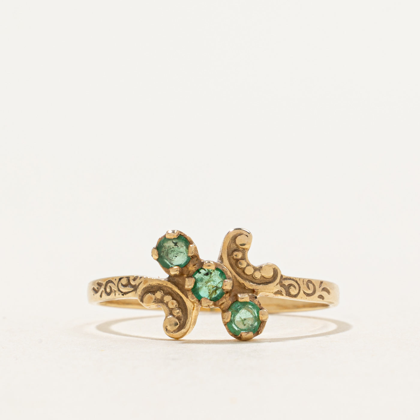 14k Three-Stone Emerald Scroll Shoulders Bypass Ring | 0.14 ctw | SZ 6.5