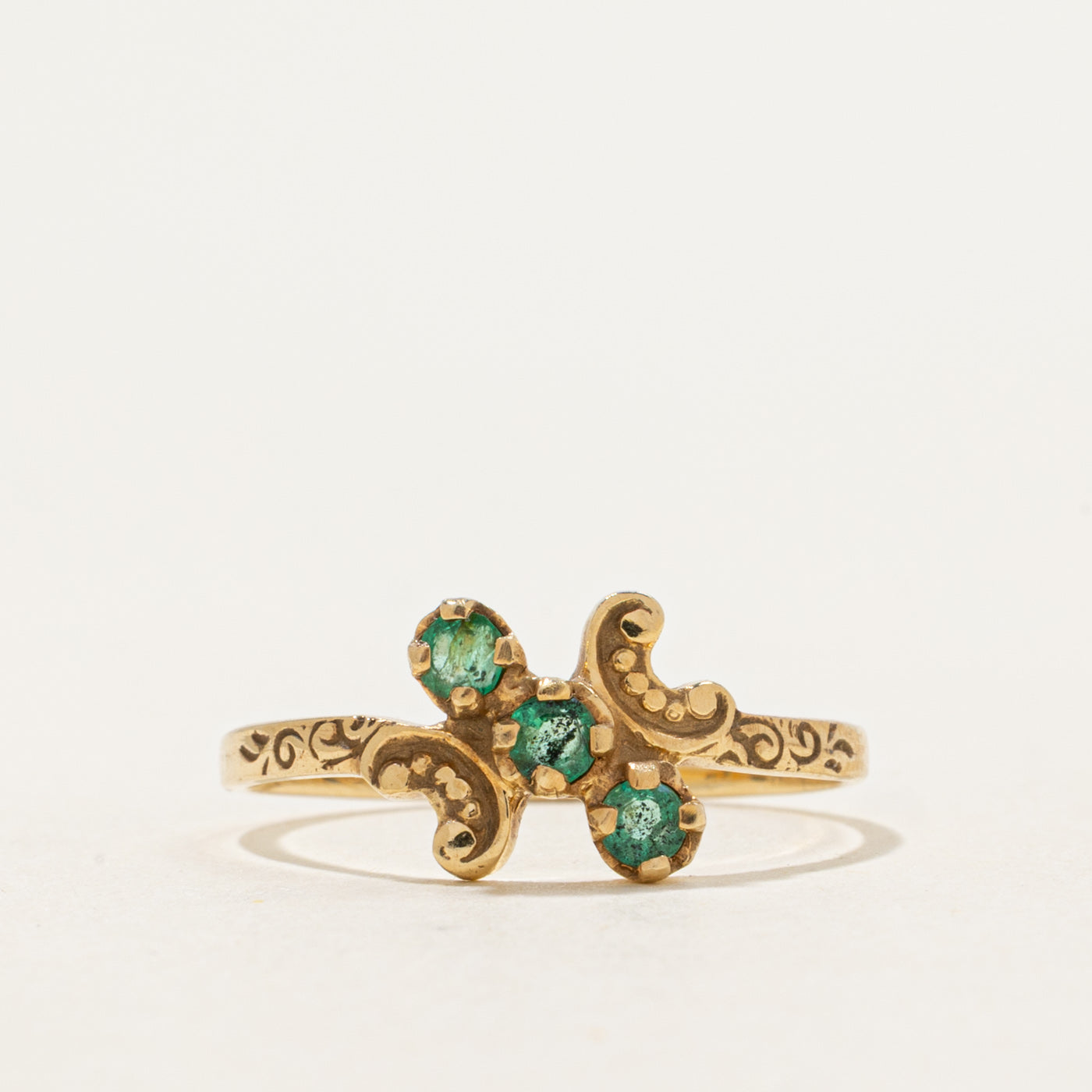 14k Three-Stone Emerald Scroll Shoulders Bypass Ring | 0.14 ctw | SZ 6.5
