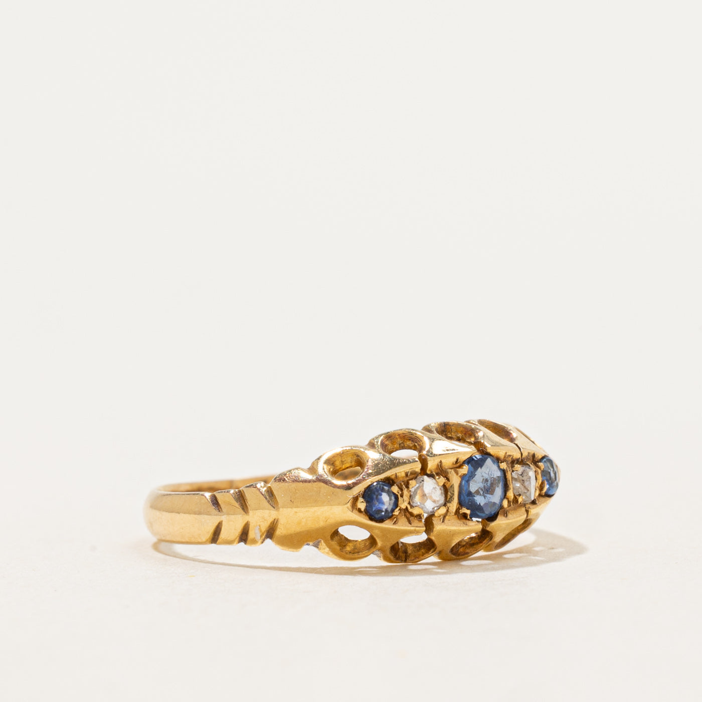 1902 Birmingham Five Stone Sapphire & Rose Cut Diamond Boat Ring