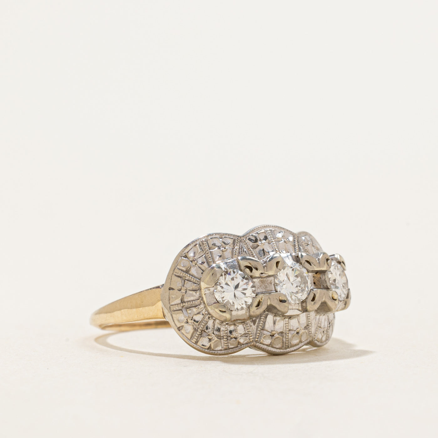 Mid Century Three-Stone Transitional Diamond Engraved Ring | 0.41 ctw | SZ 6.5