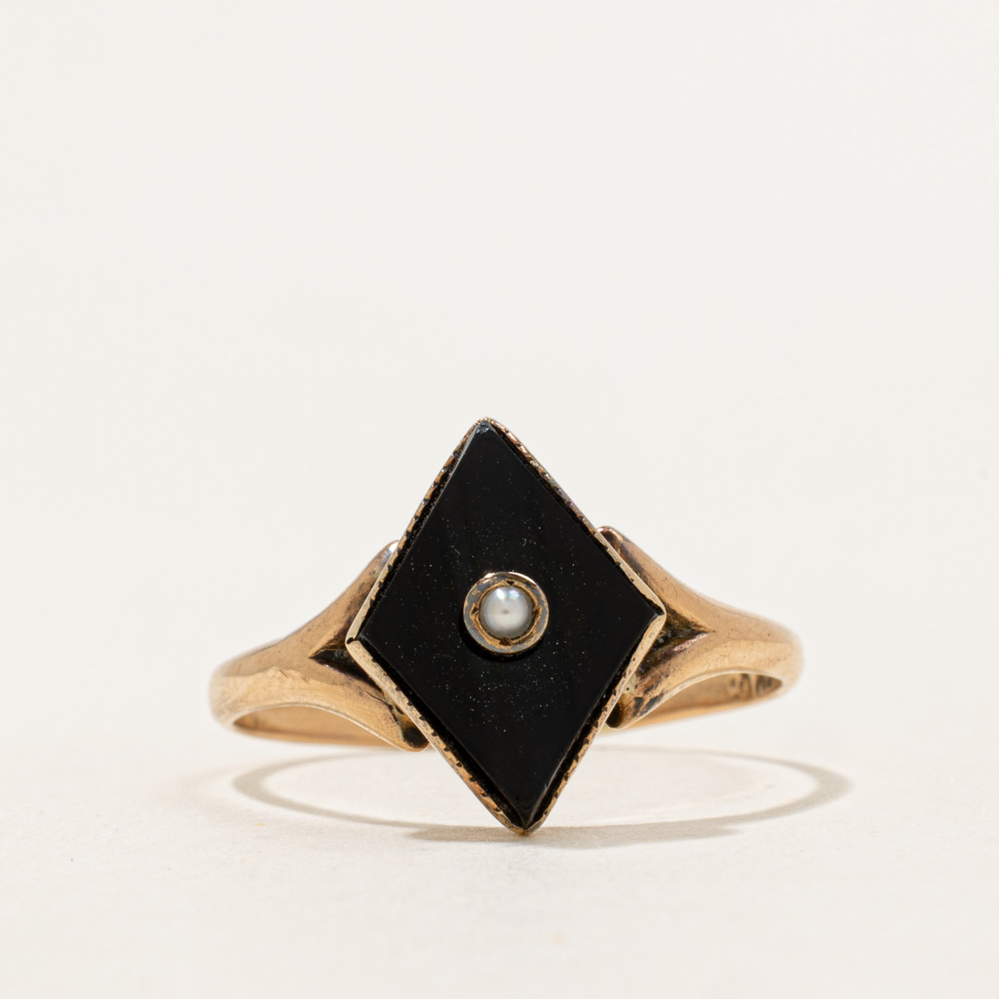 Victorian Rhombus Onyx & Seed Pearl Mourning Ring | 1.5 ct | SZ 7.5