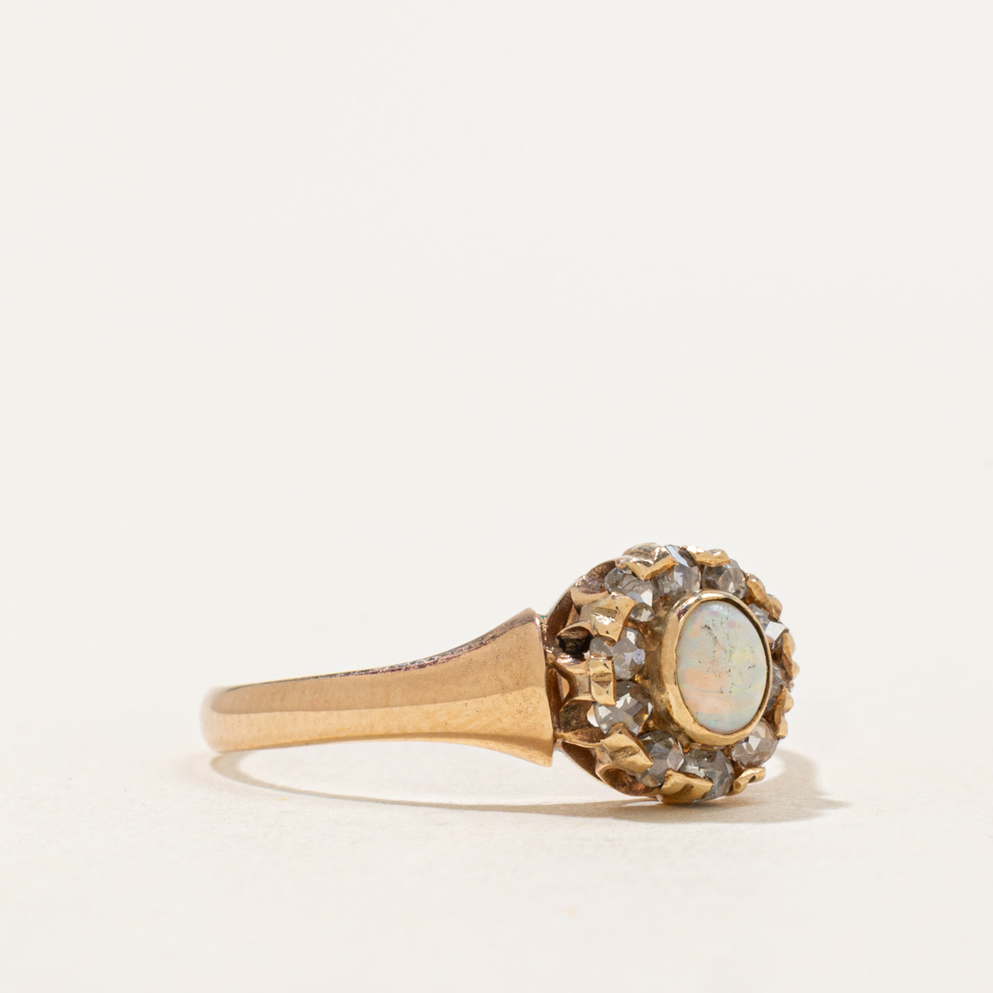 Pseudo Hallmarked Victorian Opal & Rose Cut Diamond Halo Ring | 0.40ctw | SZ 8.25