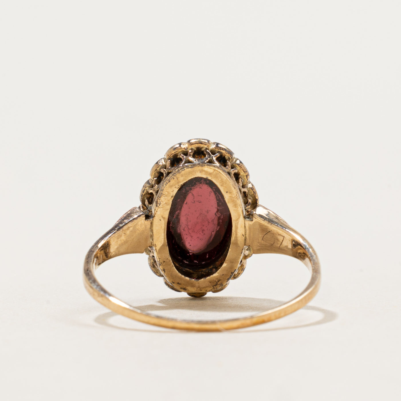 Early Art Deco Cabochon Garnet & Diamond Halo Ring | 2.50ct, 0.12ctw | SZ 7.5