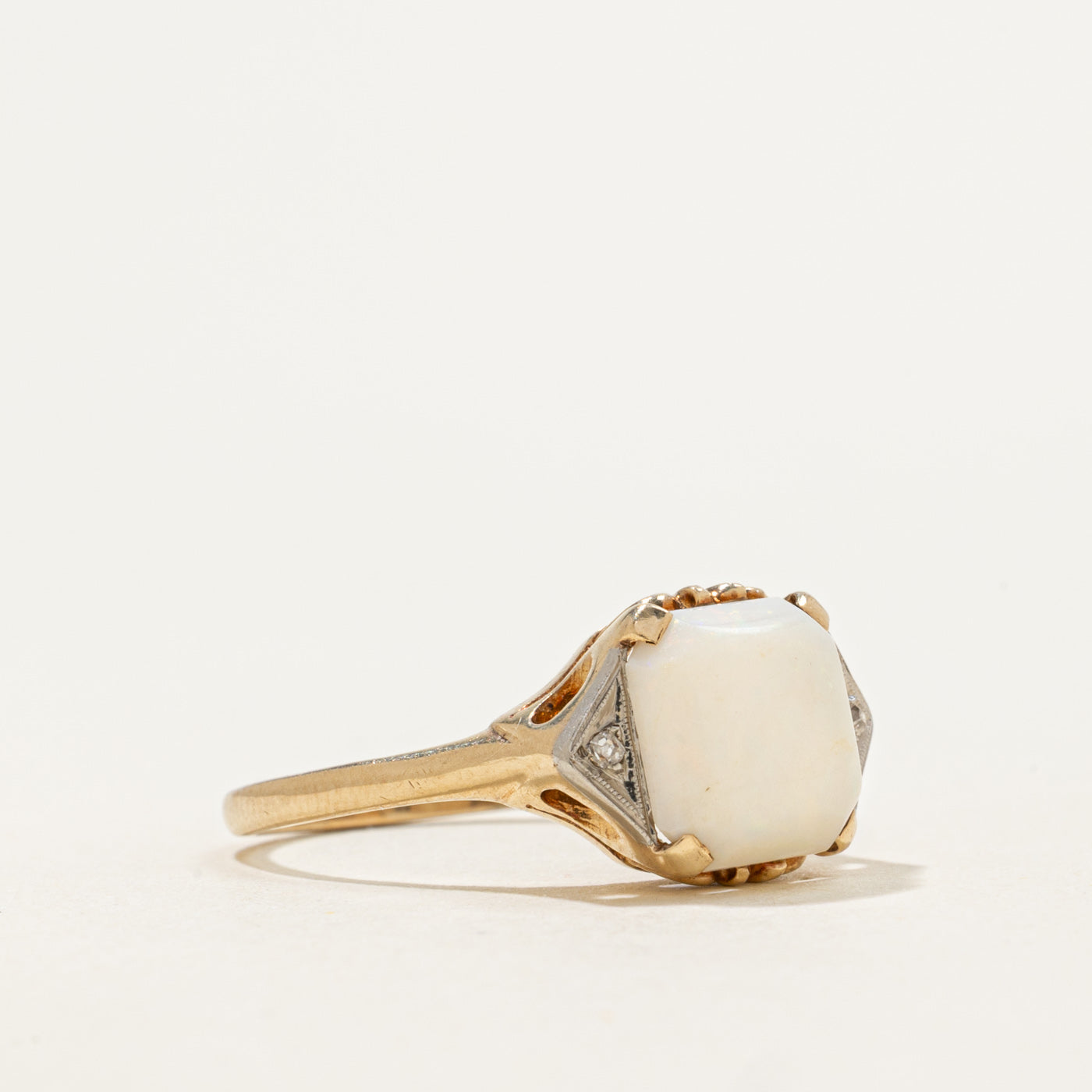 Art Deco Cabochon Opal & Diamond Accent Ring | 1.50ct, 0.01ctw | SZ 7.25