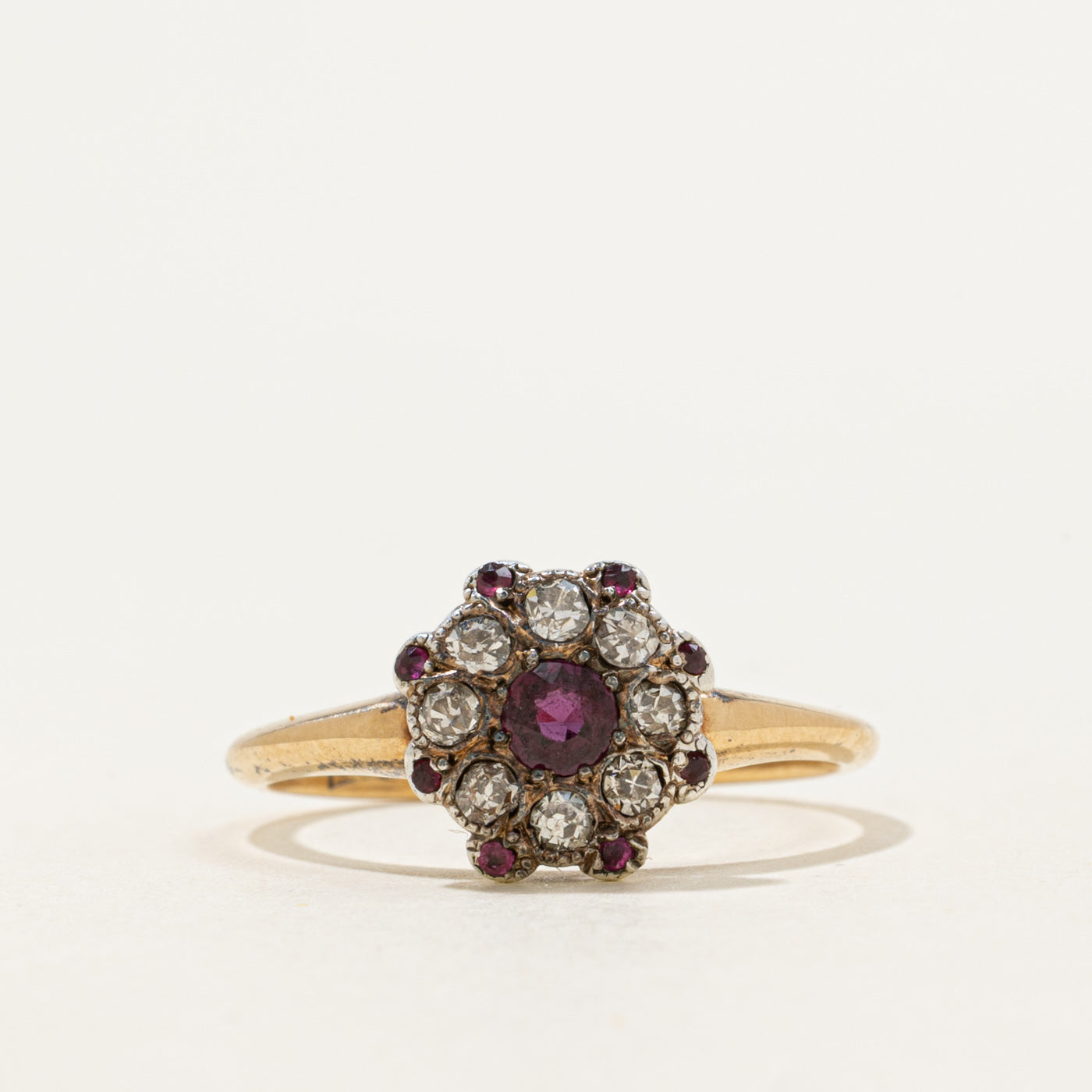 Edwardian Silver Topped Ruby & Diamond Cluster Ring | 0.2 ctw 0.23 ctw | SZ 7.75