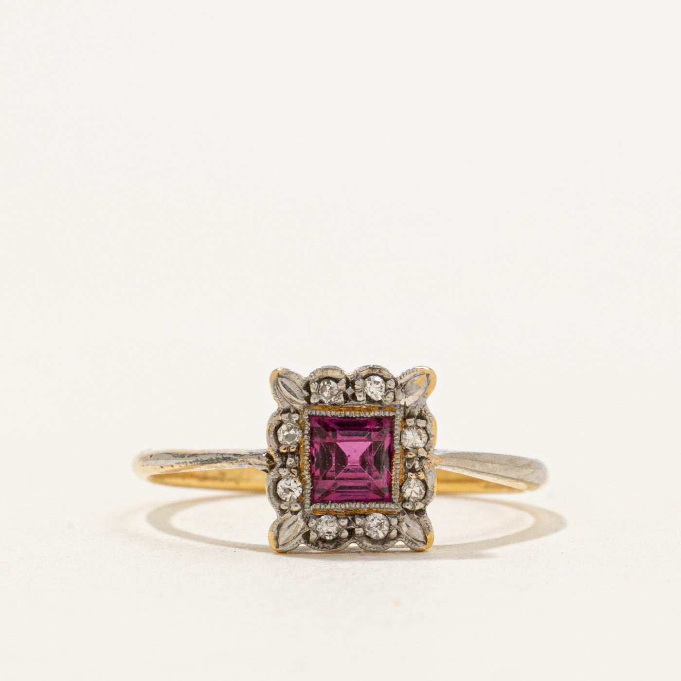 Art Deco Platinum Topped Synthetic Ruby & Diamond Halo Ring | 0.24ct, 0.04ctw | SZ 5.5