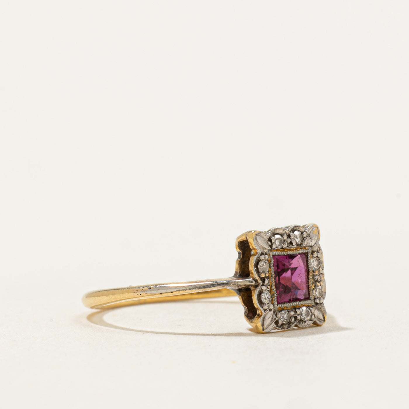 Art Deco Platinum Topped Synthetic Ruby & Diamond Halo Ring | 0.24ct, 0.04ctw | SZ 5.5