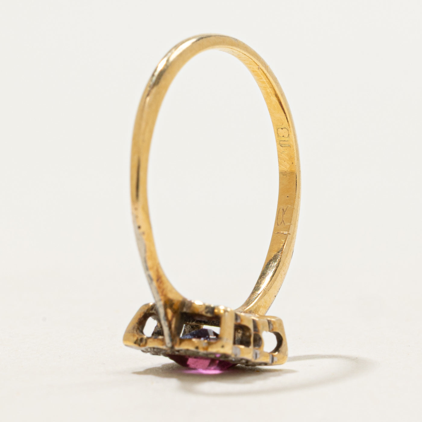 Art Deco Platinum Topped Synthetic Ruby & Diamond Halo Ring | 0.24ct, 0.04ctw | SZ 5.5