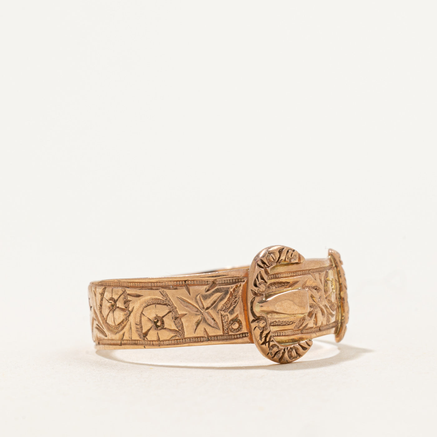 Antique Rose Gold Repoussé Floral Buckle Ring | SZ 11