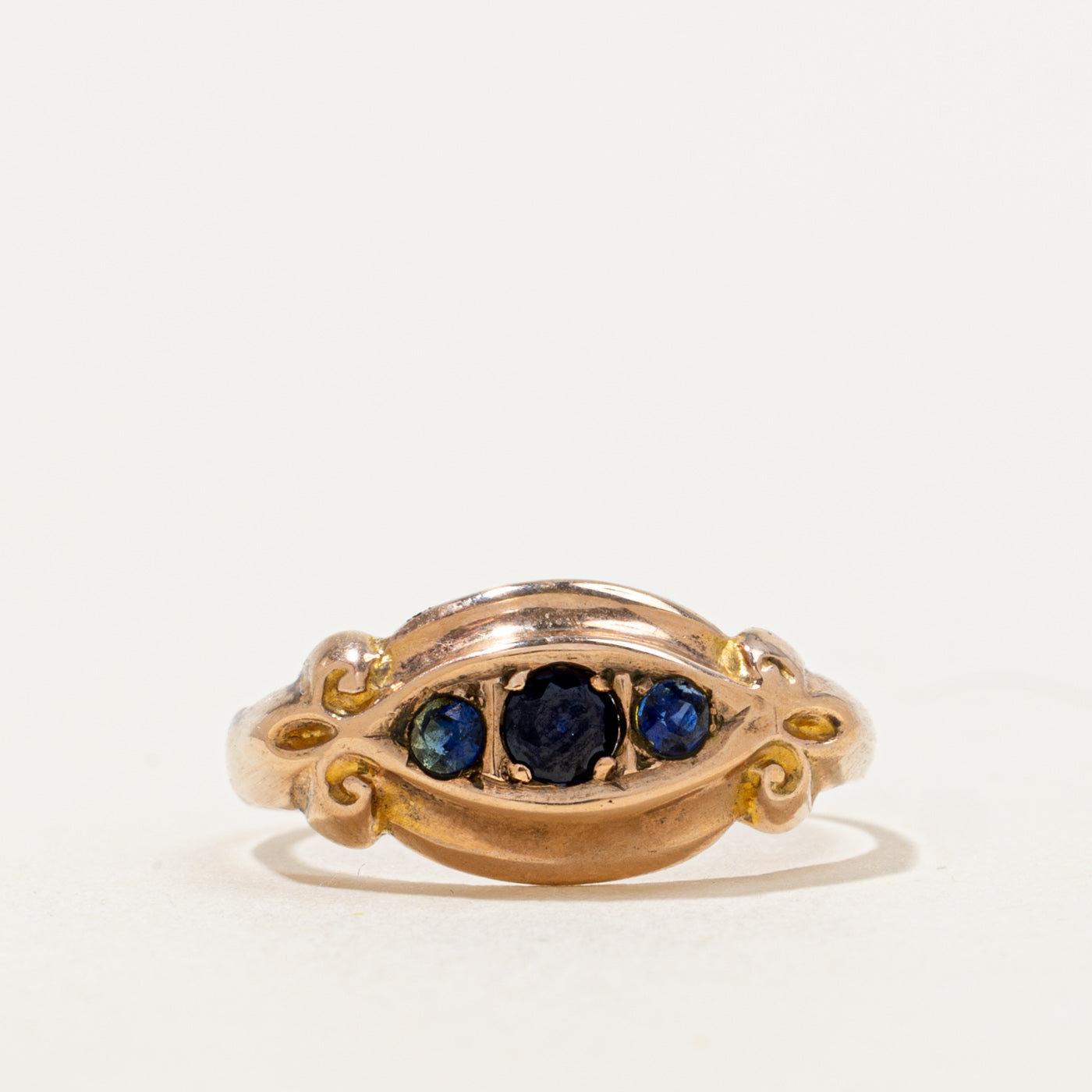 1917 Birmingham Three Stone Synthetic Sapphire Ornate Boat Ring | 0.21 ctw | SZ 6.75