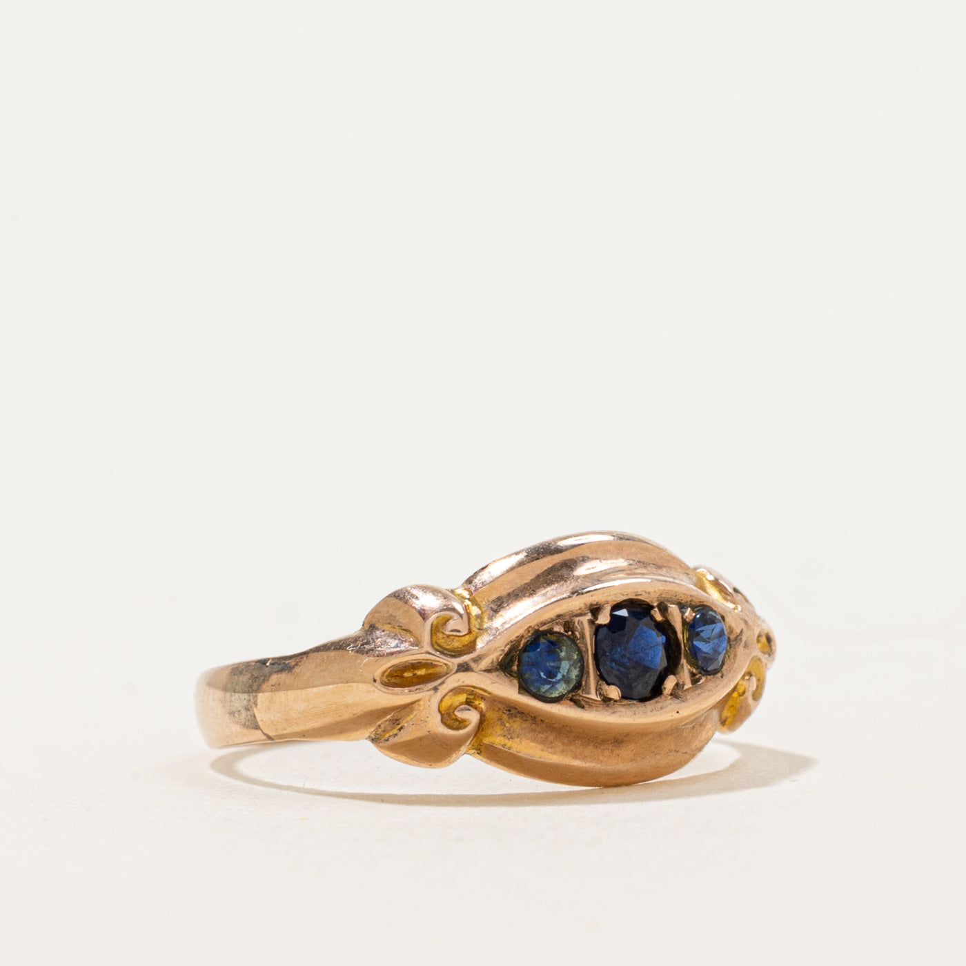 1917 Birmingham Three Stone Synthetic Sapphire Ornate Boat Ring | 0.21 ctw | SZ 6.75