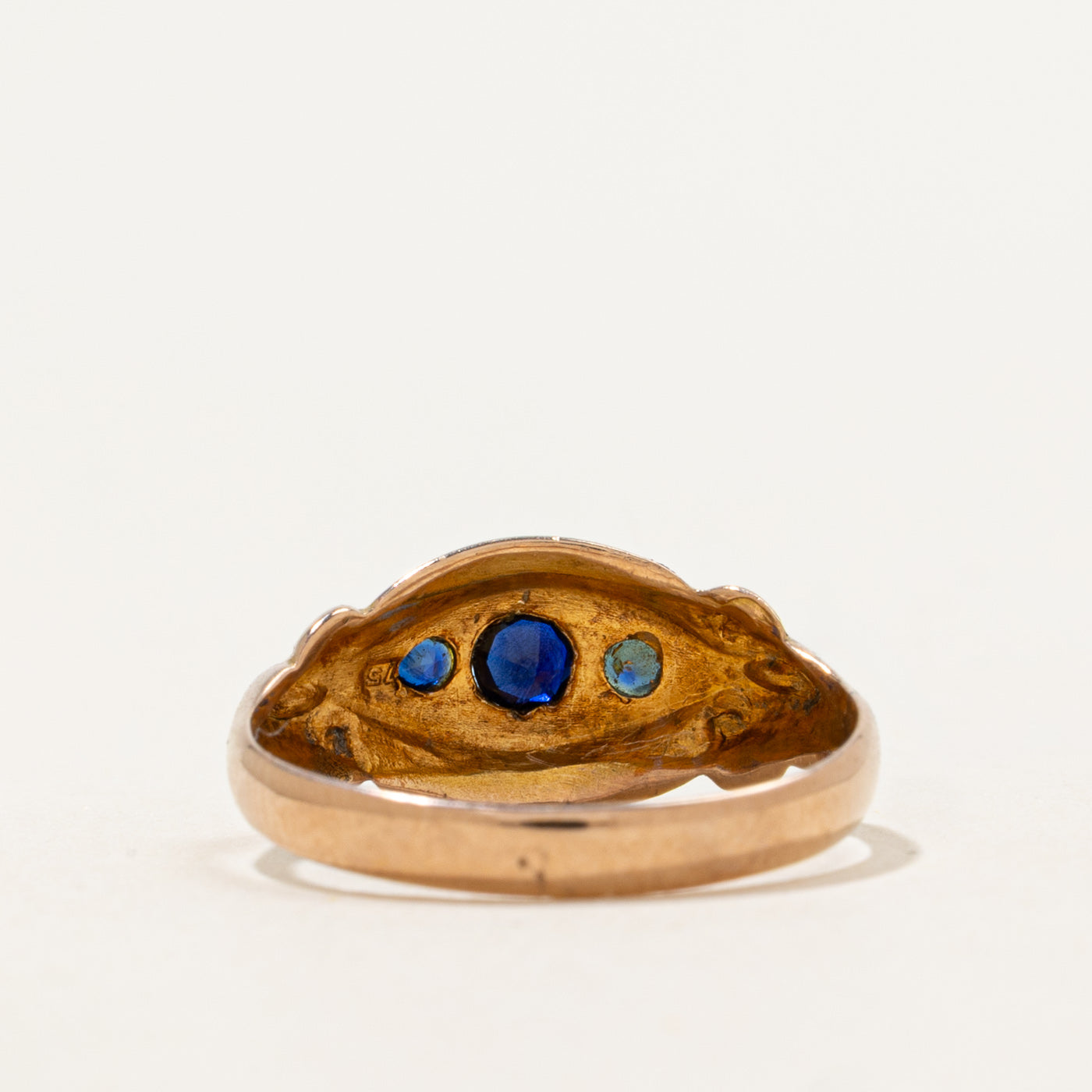 1917 Birmingham Three Stone Synthetic Sapphire Ornate Boat Ring | 0.21 ctw | SZ 6.75