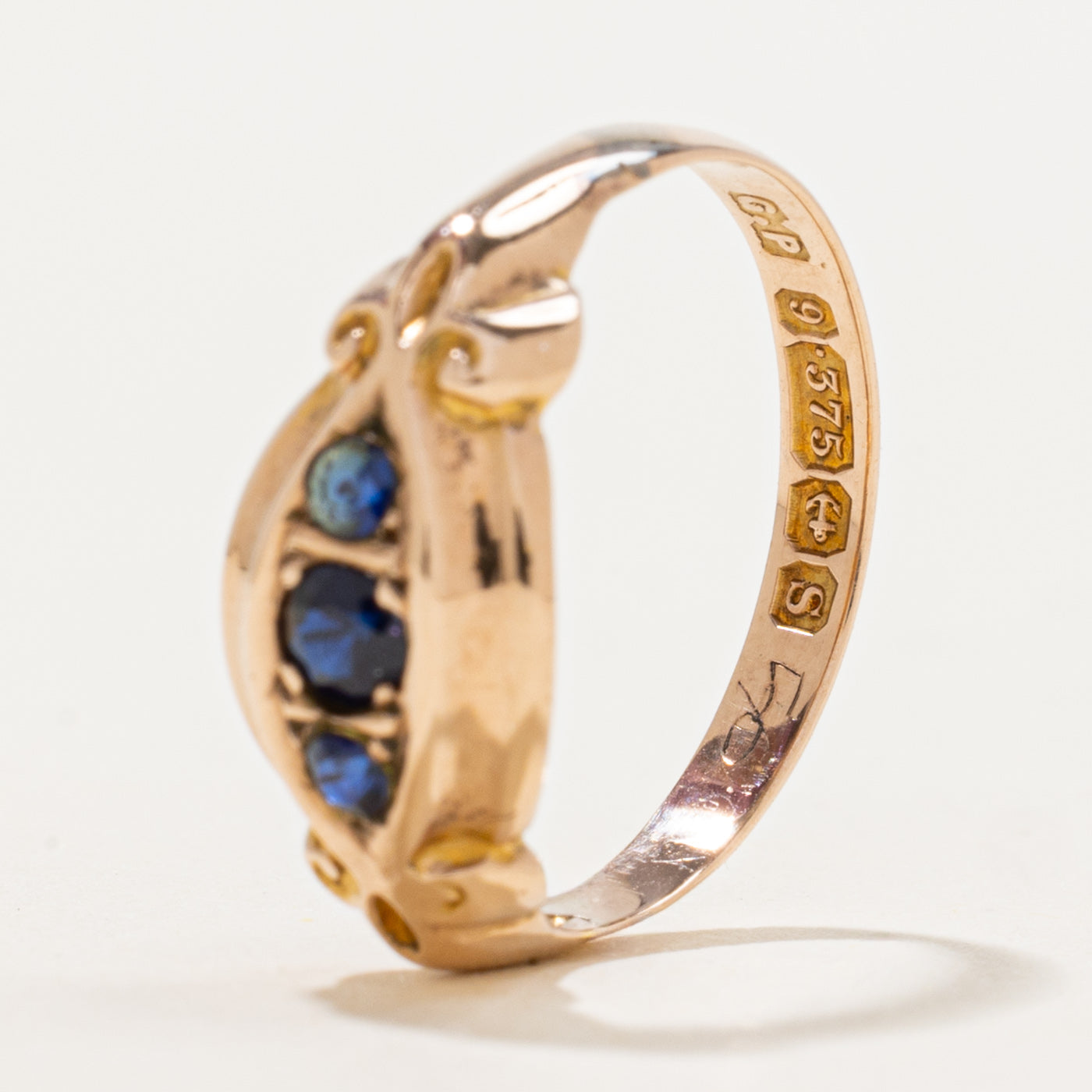 1917 Birmingham Three Stone Synthetic Sapphire Ornate Boat Ring | 0.21 ctw | SZ 6.75