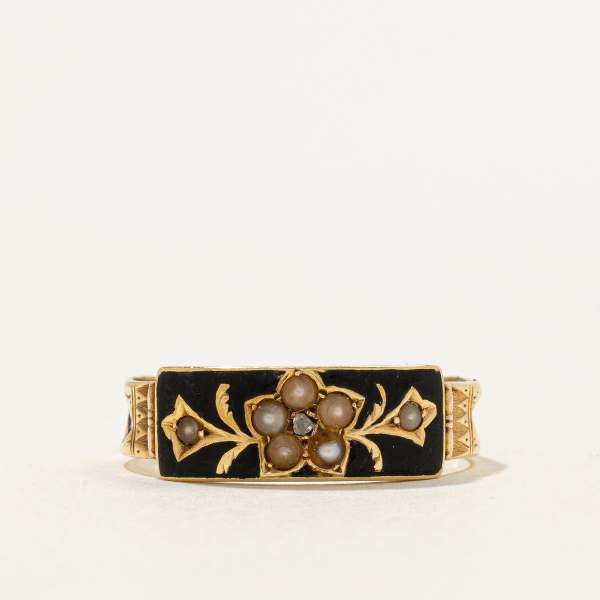 1893 Chester Black Enamel, Seed Pearl & Rose-Cut Diamond Mourning Ring | 0.01ct | SZ 8.75