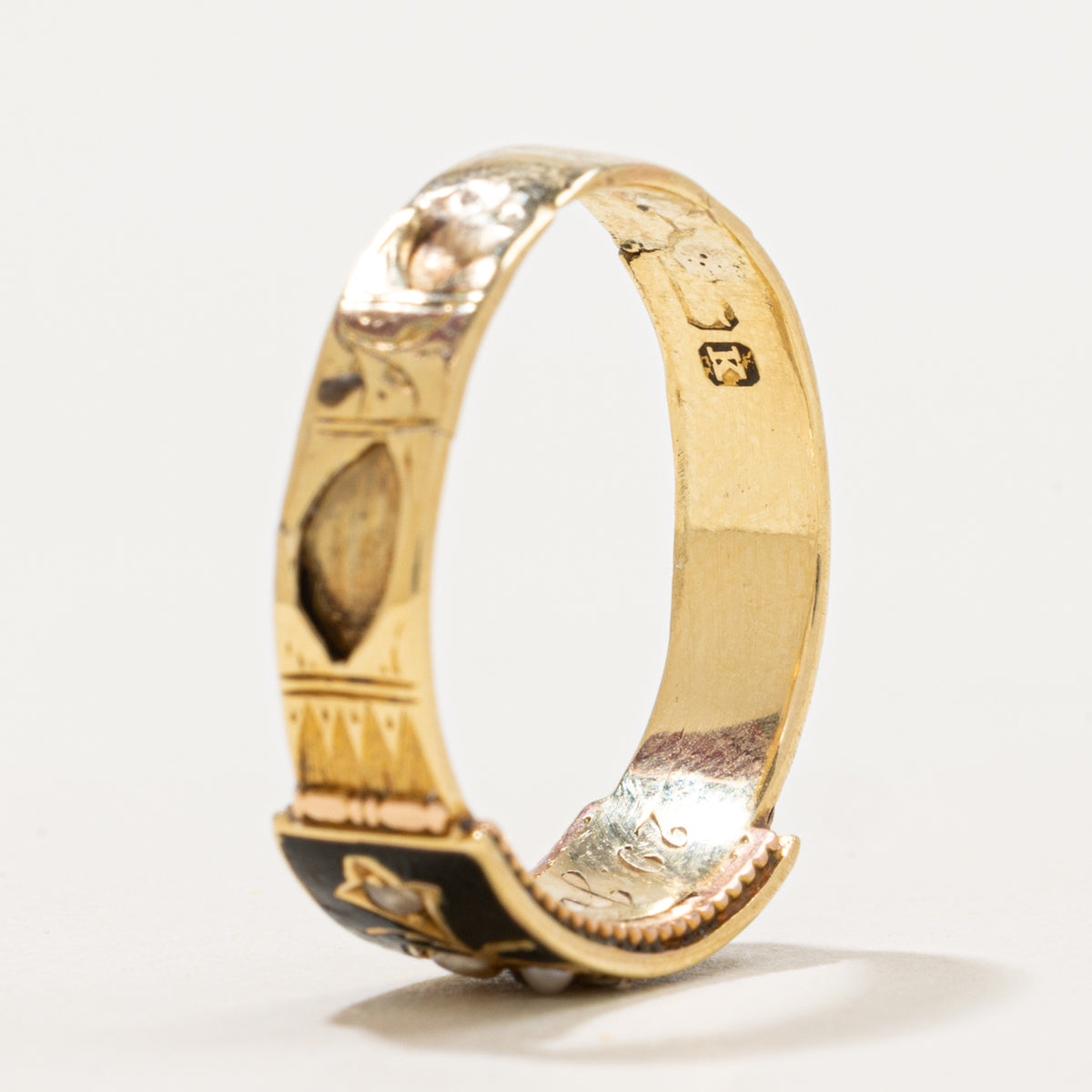 1893 Chester Black Enamel, Seed Pearl & Rose-Cut Diamond Mourning Ring | 0.01ct | SZ 8.75