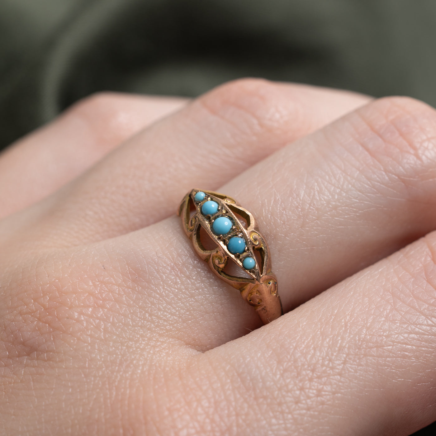 1917 Chester Five Stone Turquoise Boat Ring | 0.2ctw | SZ 6.75