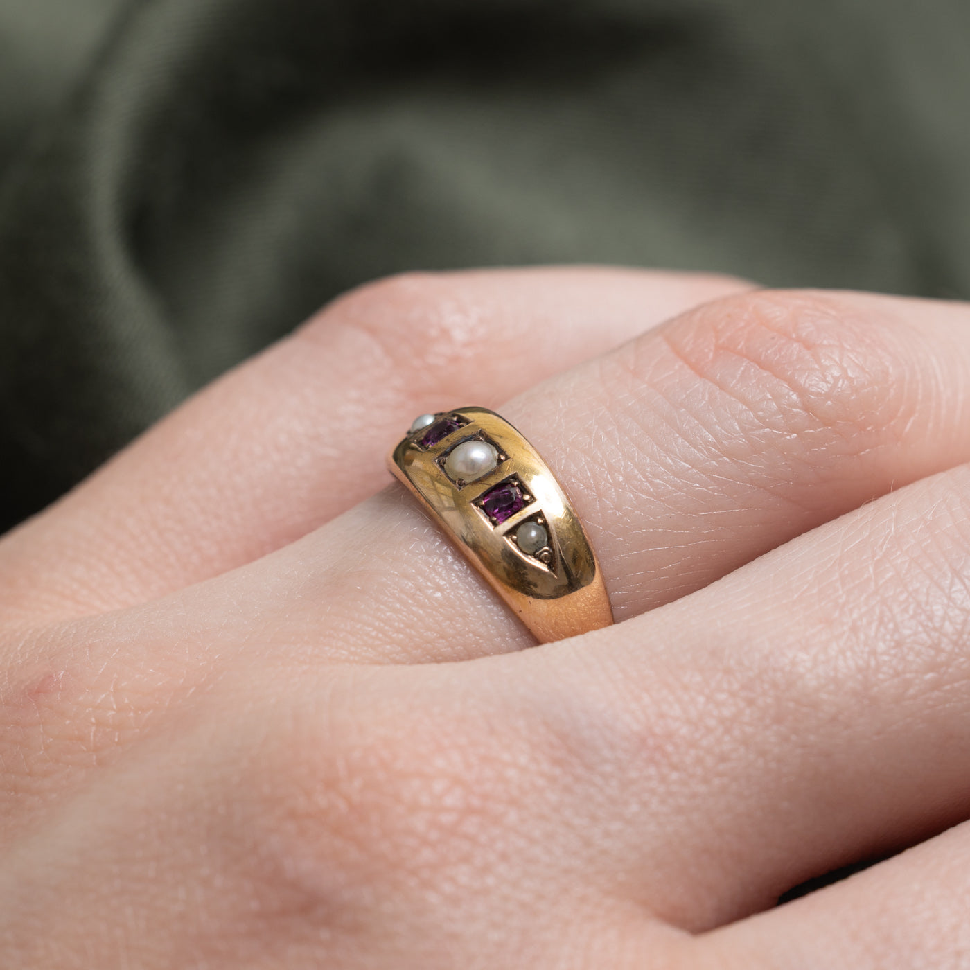 1889 Edinburgh Flush Set Ruby & Seed Pearl Boat Ring | 0.08 ctw | SZ 5.5