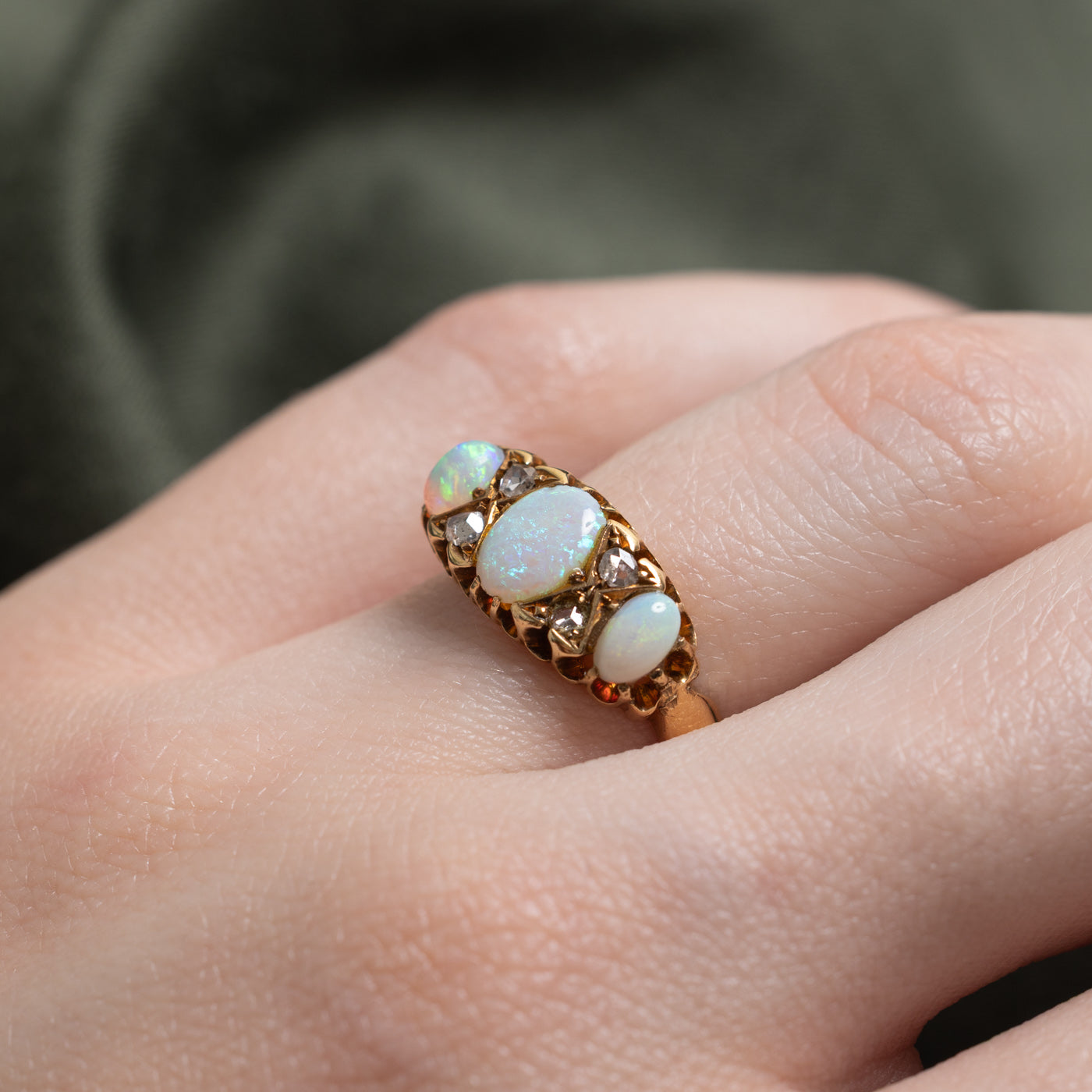 1904 Birmingham Three-Stone Opal & Rose Cut Diamond Ring | 0.75ctw, 0.14ctw | SZ 6.75