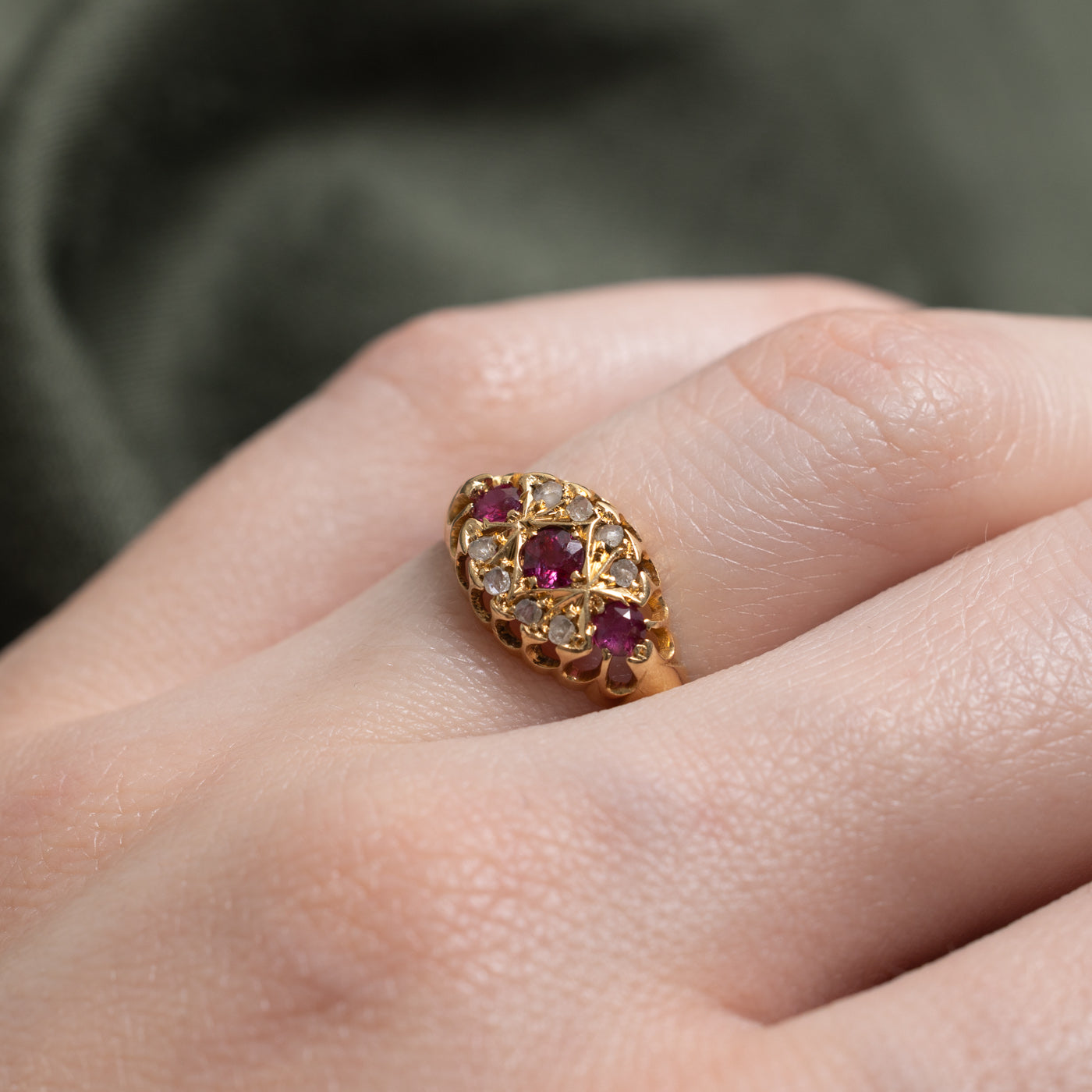 1906 Chester Ruby & Rose Cut Diamond Raised Gallery Boat Ring | 0.35ctw, 0.08ctw | SZ 4.75