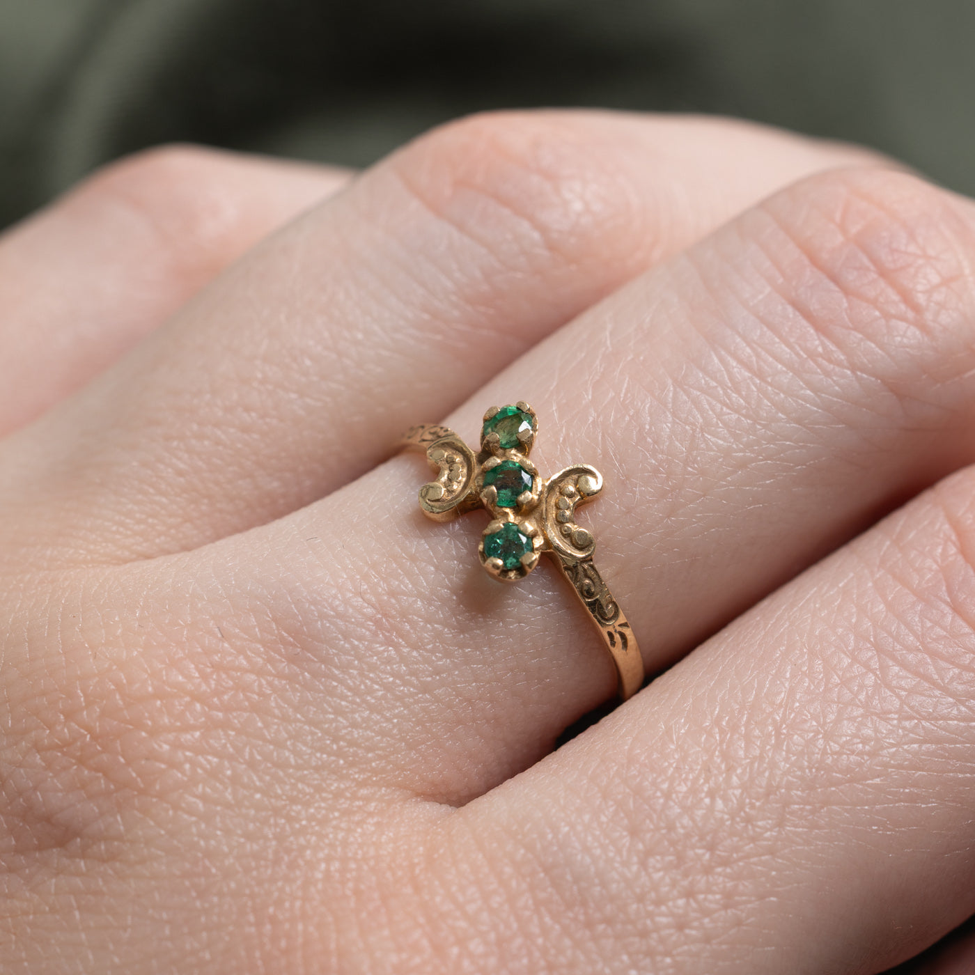 14k Three-Stone Emerald Scroll Shoulders Bypass Ring | 0.14 ctw | SZ 6.5