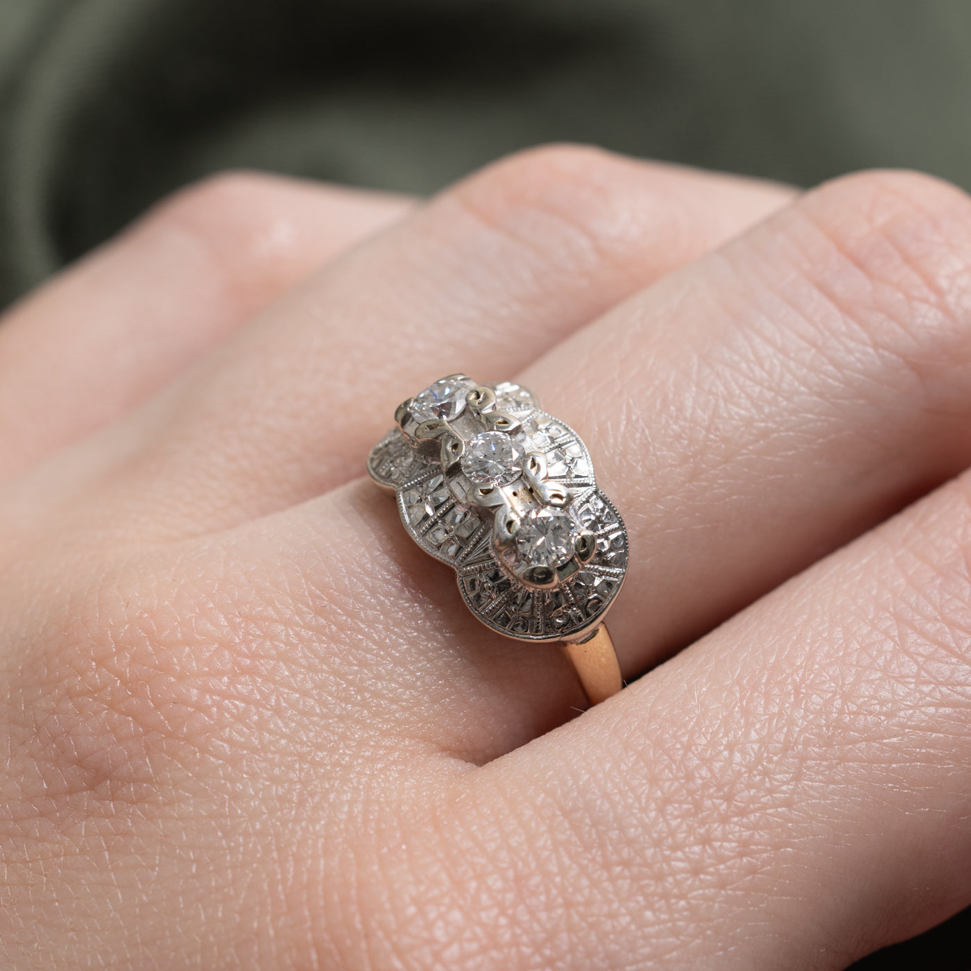 Mid Century Three-Stone Transitional Diamond Engraved Ring | 0.41 ctw | SZ 6.5