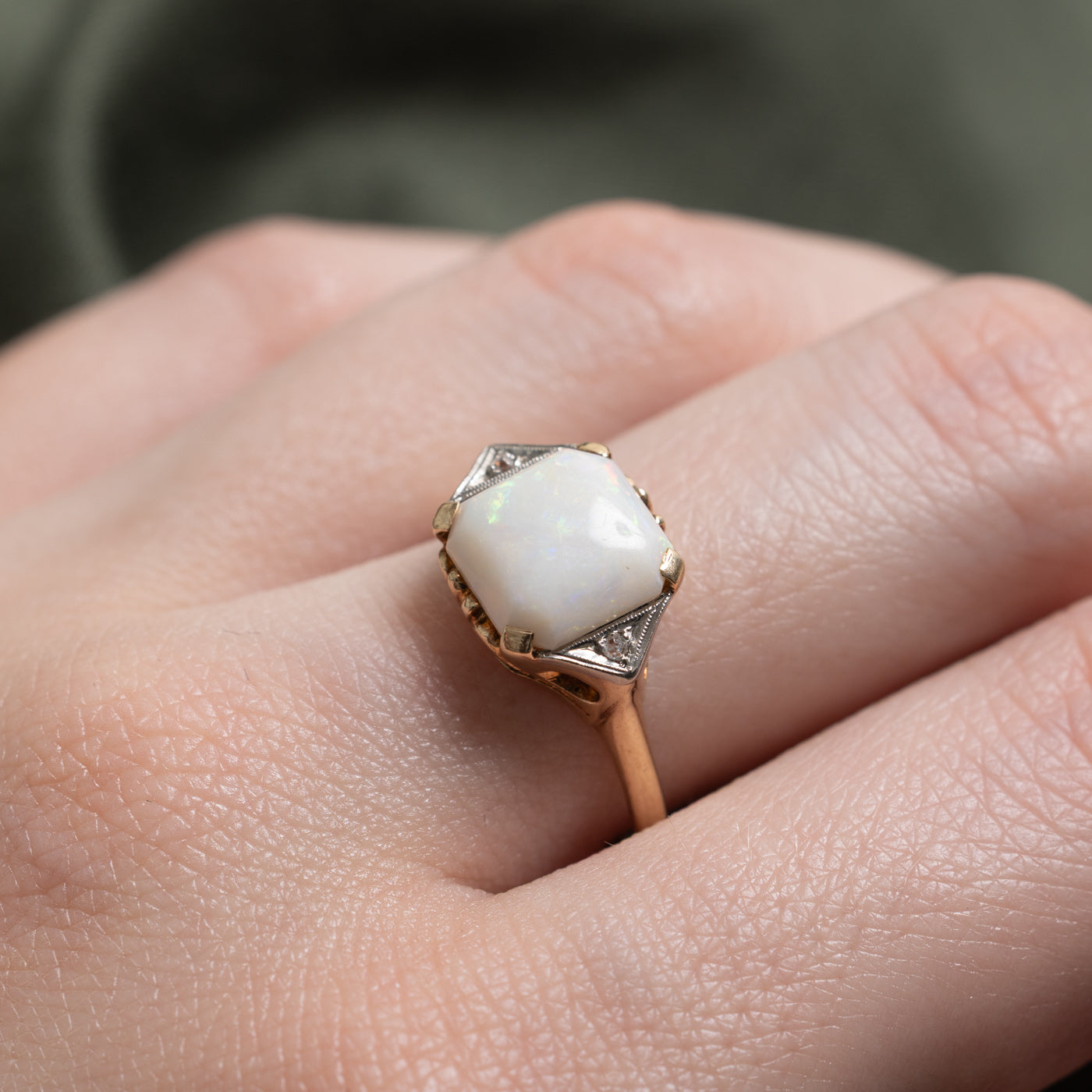 Art Deco Cabochon Opal & Diamond Accent Ring | 1.50ct, 0.01ctw | SZ 7.25