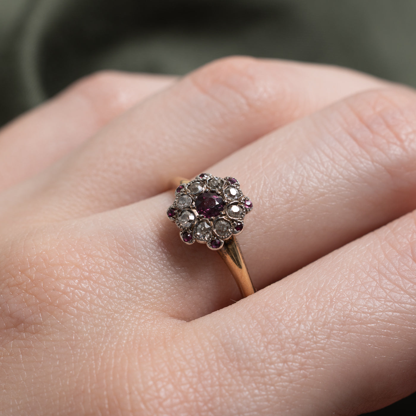 Edwardian Silver Topped Ruby & Diamond Cluster Ring | 0.2 ctw 0.23 ctw | SZ 7.75