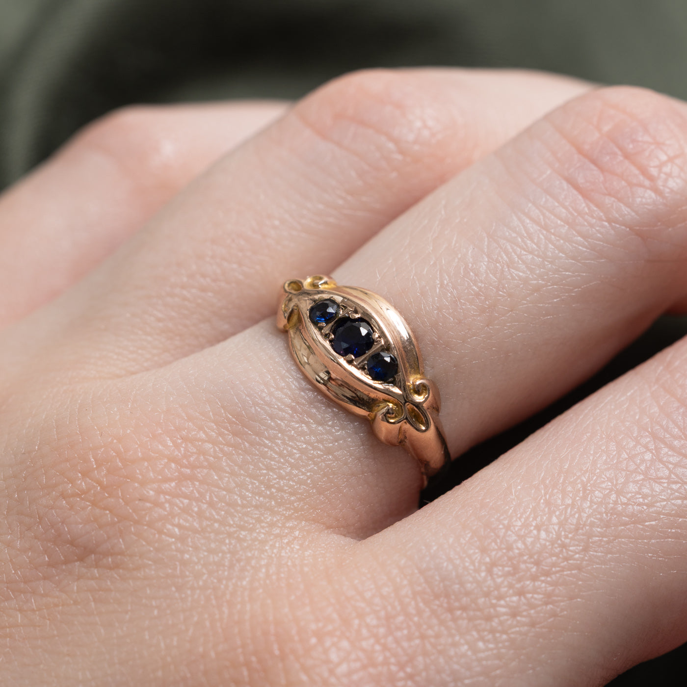 1917 Birmingham Three Stone Synthetic Sapphire Ornate Boat Ring | 0.21 ctw | SZ 6.75