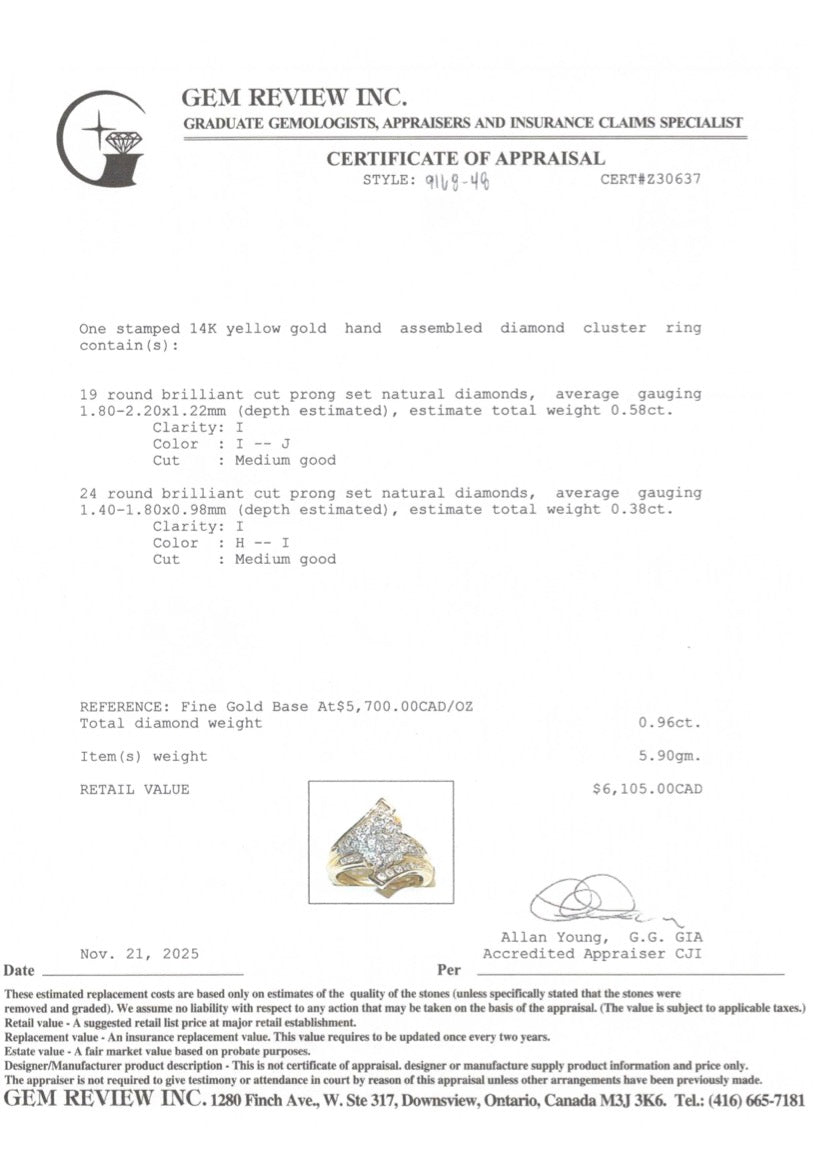 14k Diamond Cluster Bypass Ring | 0.96ctw | SZ 7