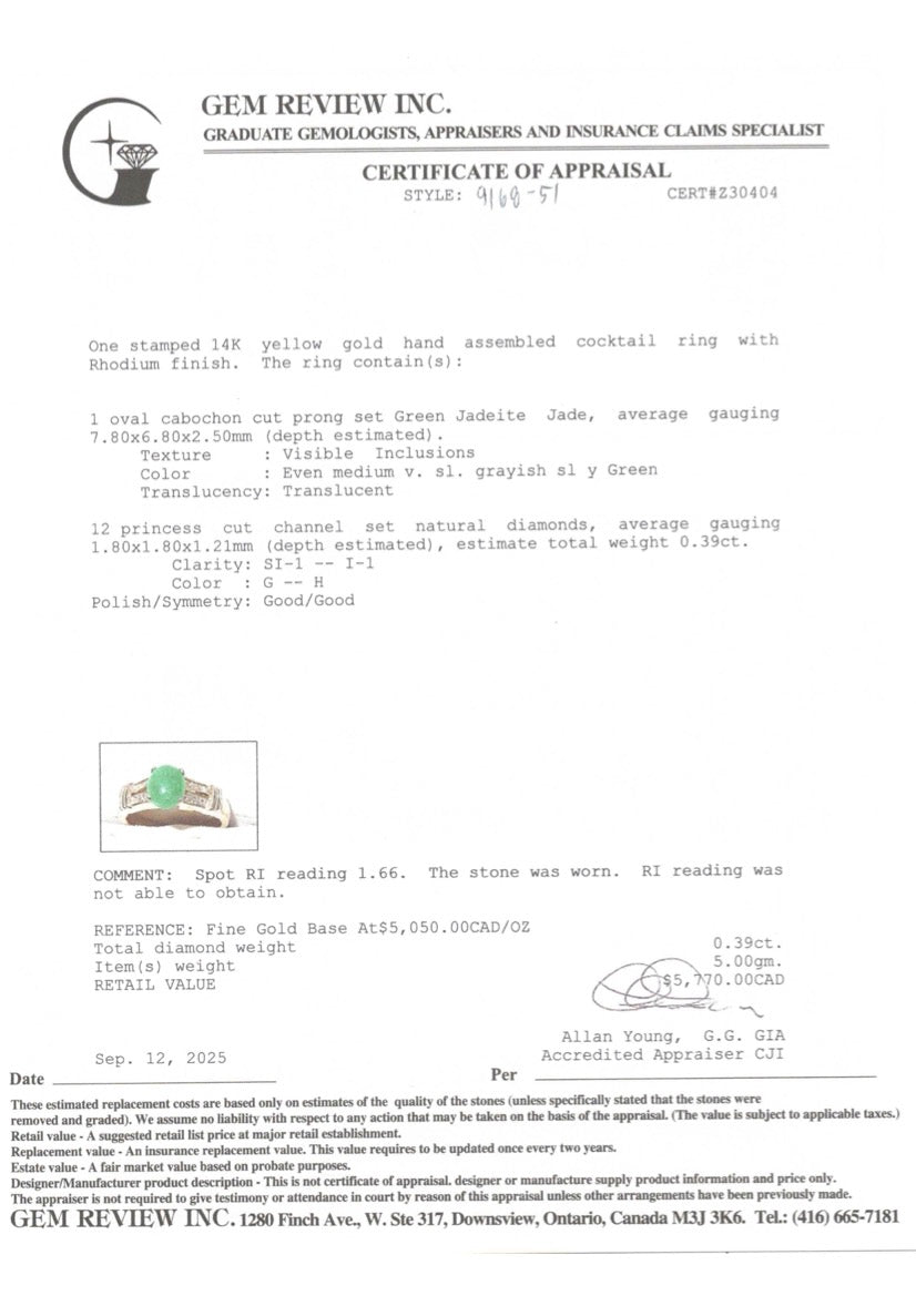 14k Jadeite & Diamond Accented Ring | 1.20ct, 0.39ctw | SZ 6.75