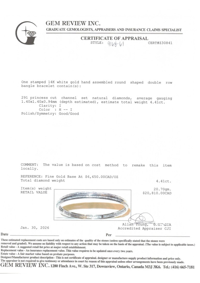 14k Princess Cut Diamond Bangle Bracelet | 20.70ctw