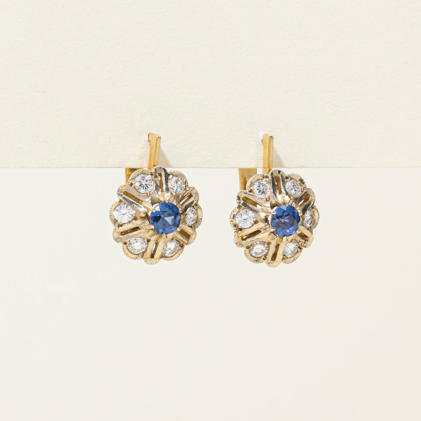 1982 Azerbaijani 18k Synthetic Sapphire & Diamond Cluster Earrings | 1.09ctw, 1.14ctw
