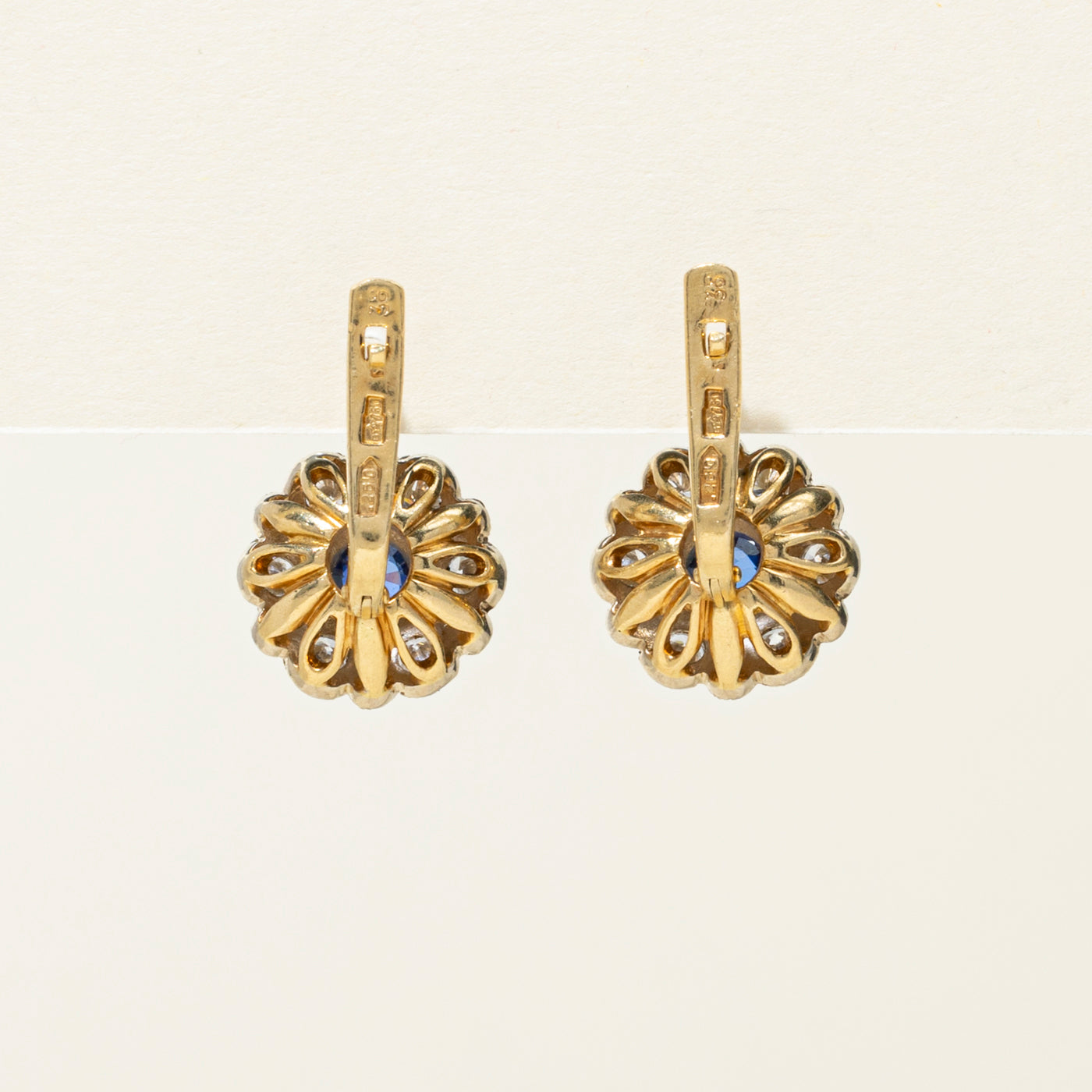 1982 Azerbaijani 18k Synthetic Sapphire & Diamond Cluster Earrings | 1.09ctw, 1.14ctw