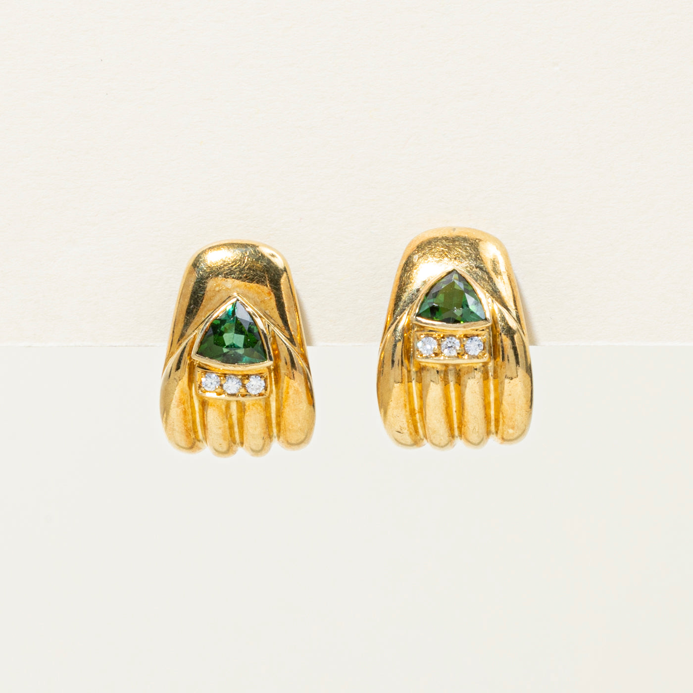 18k Tourmaline & Diamond Grooved Earrings | 1.31ctw, 0.14ctw