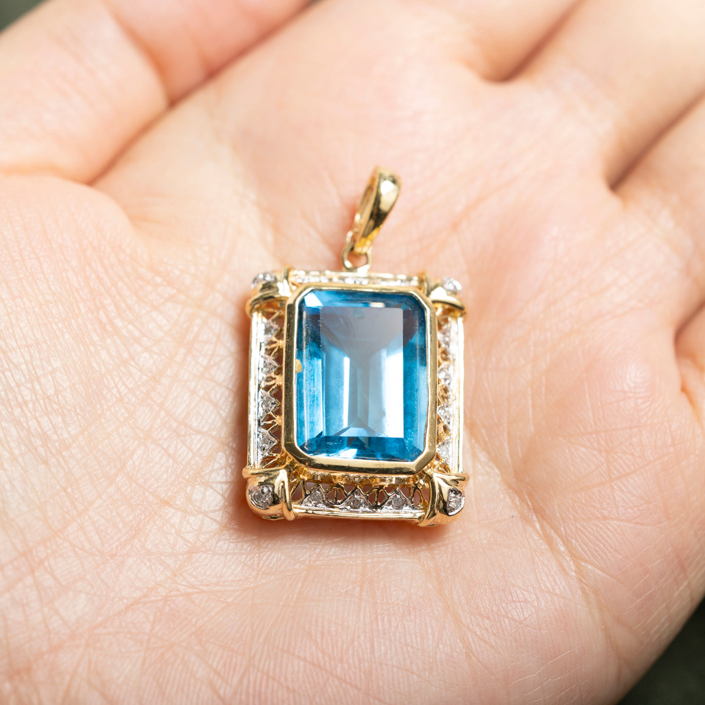 14k Blue Topaz & Diamond Ornate Halo Pendant | 21.42ct, 0.09ctw