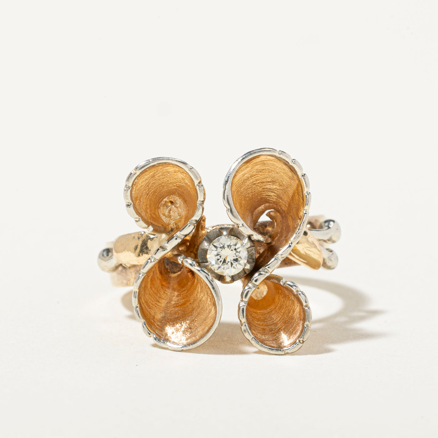 14k Solitaire Diamond Floral Swirl Cocktail Ring | 0.15ct | SZ 6.5
