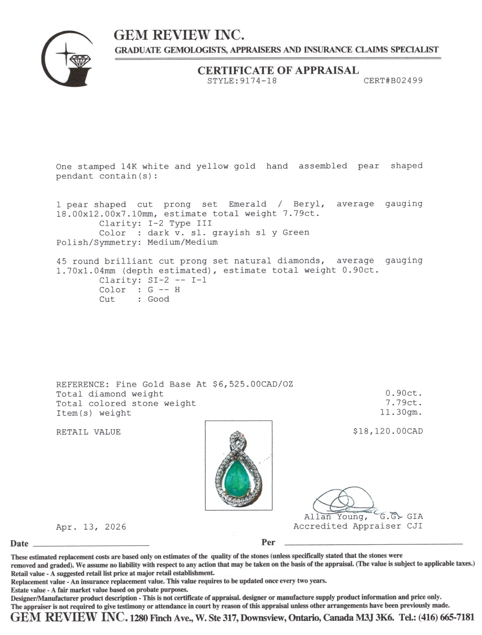 14k Pear Cut Emerald & Diamond Open Halo Pendant | 7.79ct, 0.90ctw