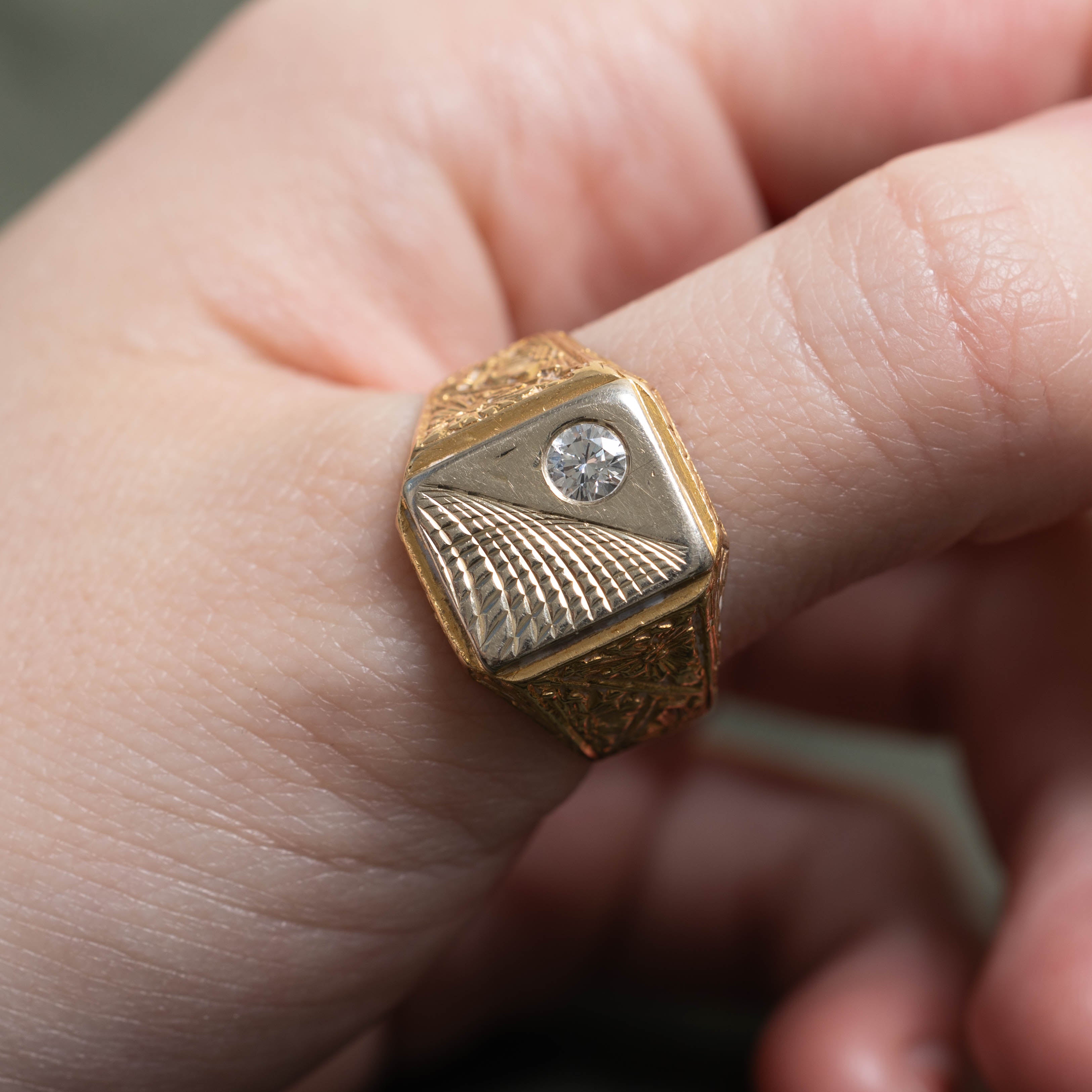 18k Diamond Textured Signet Ring | 0.23ct | SZ 10.75