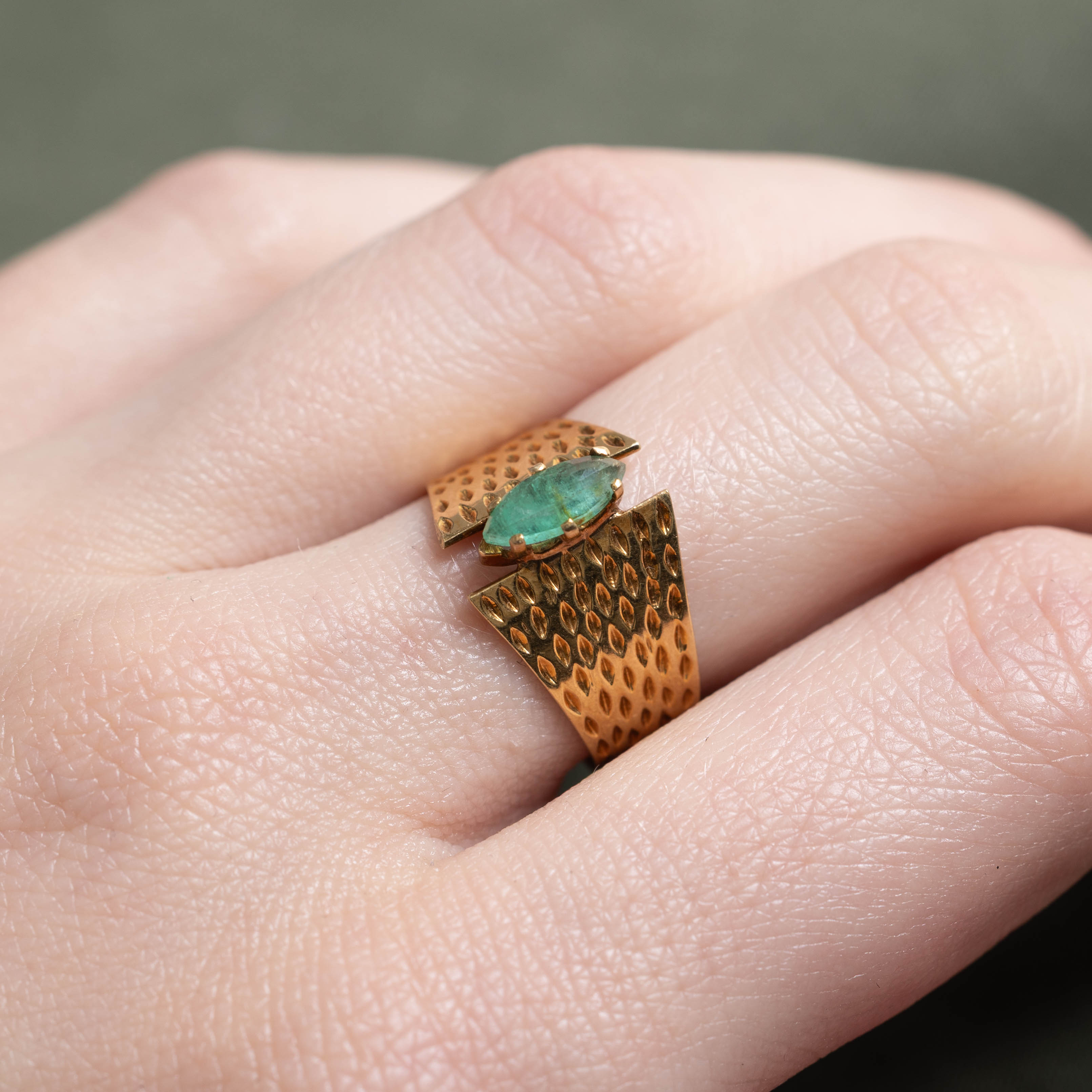 Marquise Cut Emerald Textured Ring | SZ 6.5