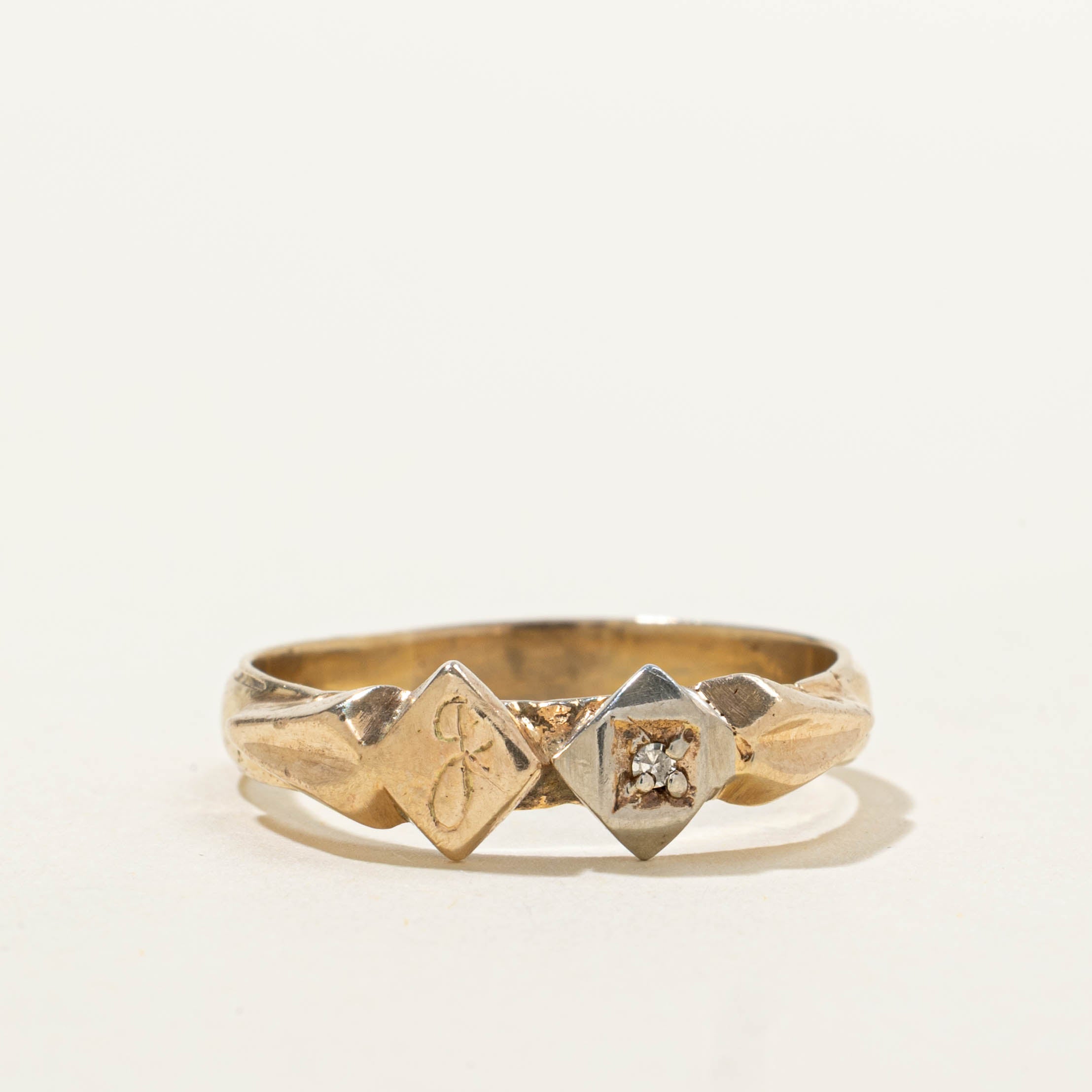 9k Diamond "J" Initial Geometric Ring | SZ 8.25
