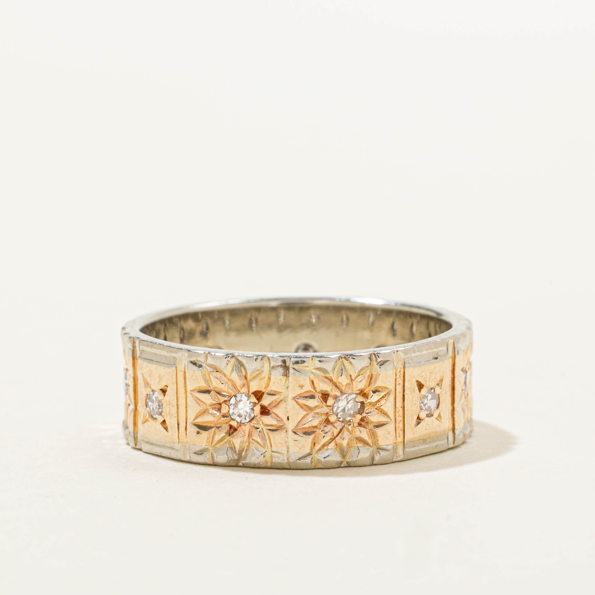 10k Two Tone Star Set Diamond Engraved Band | 6.90mm | SZ 8.75