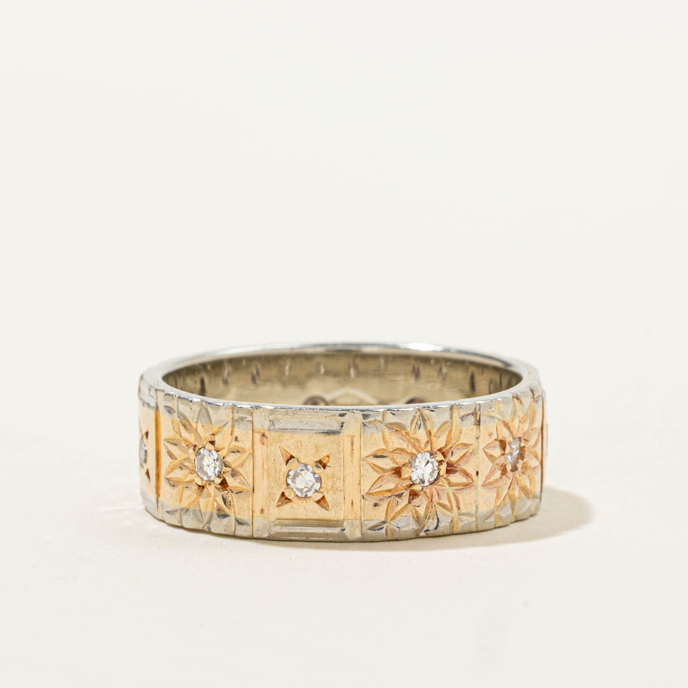 10k Two Tone Star Set Diamond Engraved Band | 6.90mm | SZ 8.75