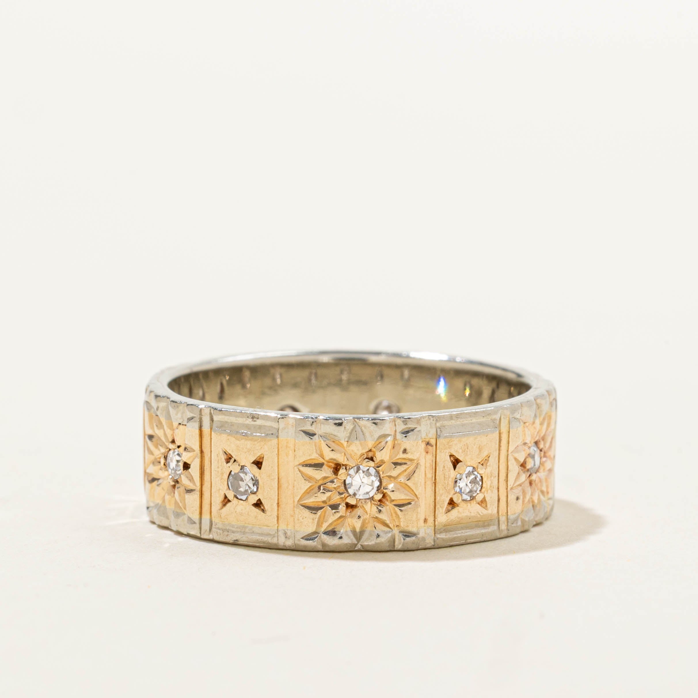 10k Two Tone Star Set Diamond Engraved Band | 6.90mm | SZ 8.75