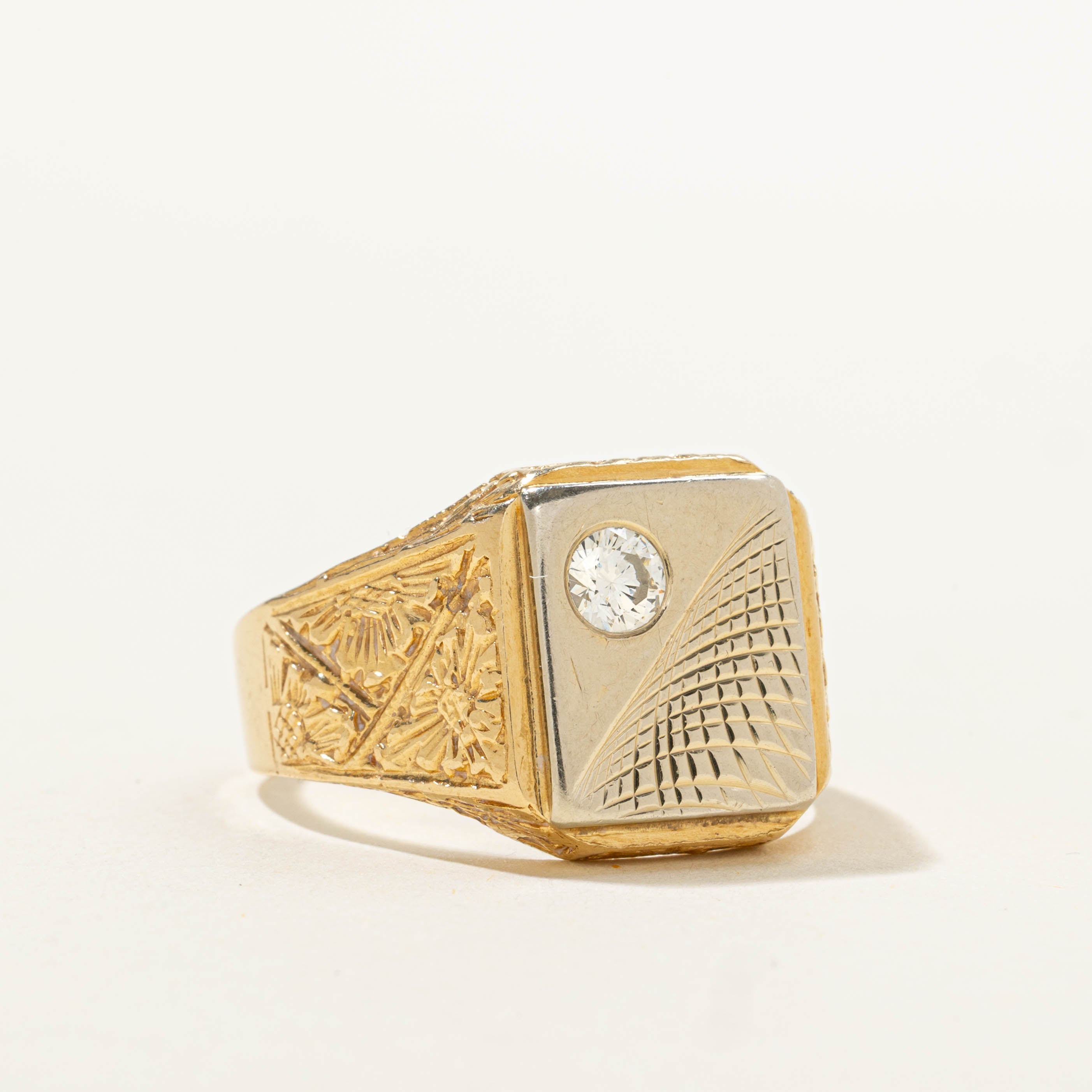 18k Diamond Textured Signet Ring | 0.23ct | SZ 10.75