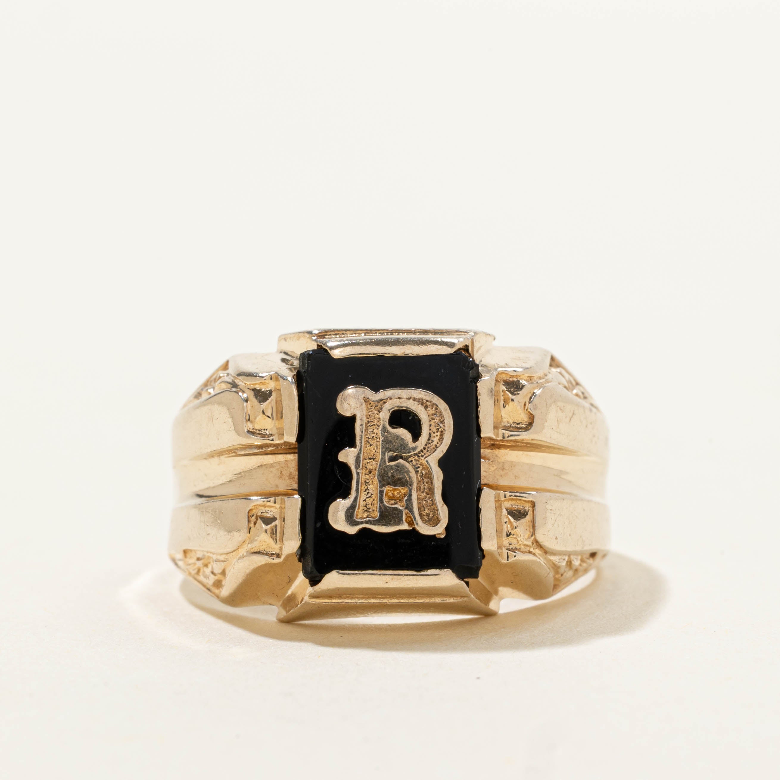 10k Onyx "R" Initial Signet Ring | SZ 7.75